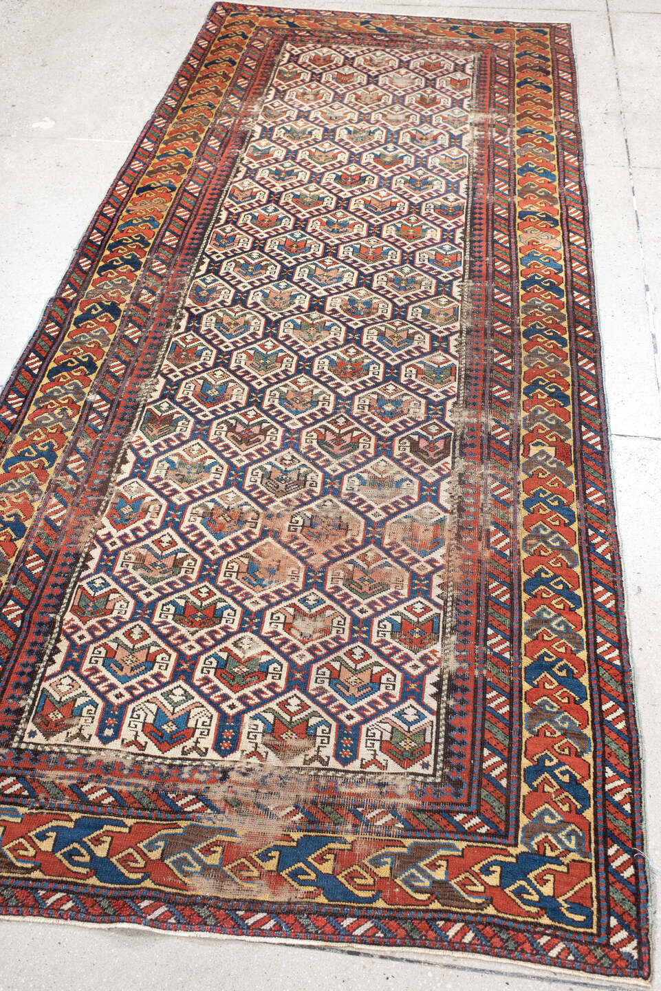 3' x 9' one-of-a-kind handmade vintage Shirvan runner rug. Color palette: antiquewhite, beige, black, blue, brown, burlywood