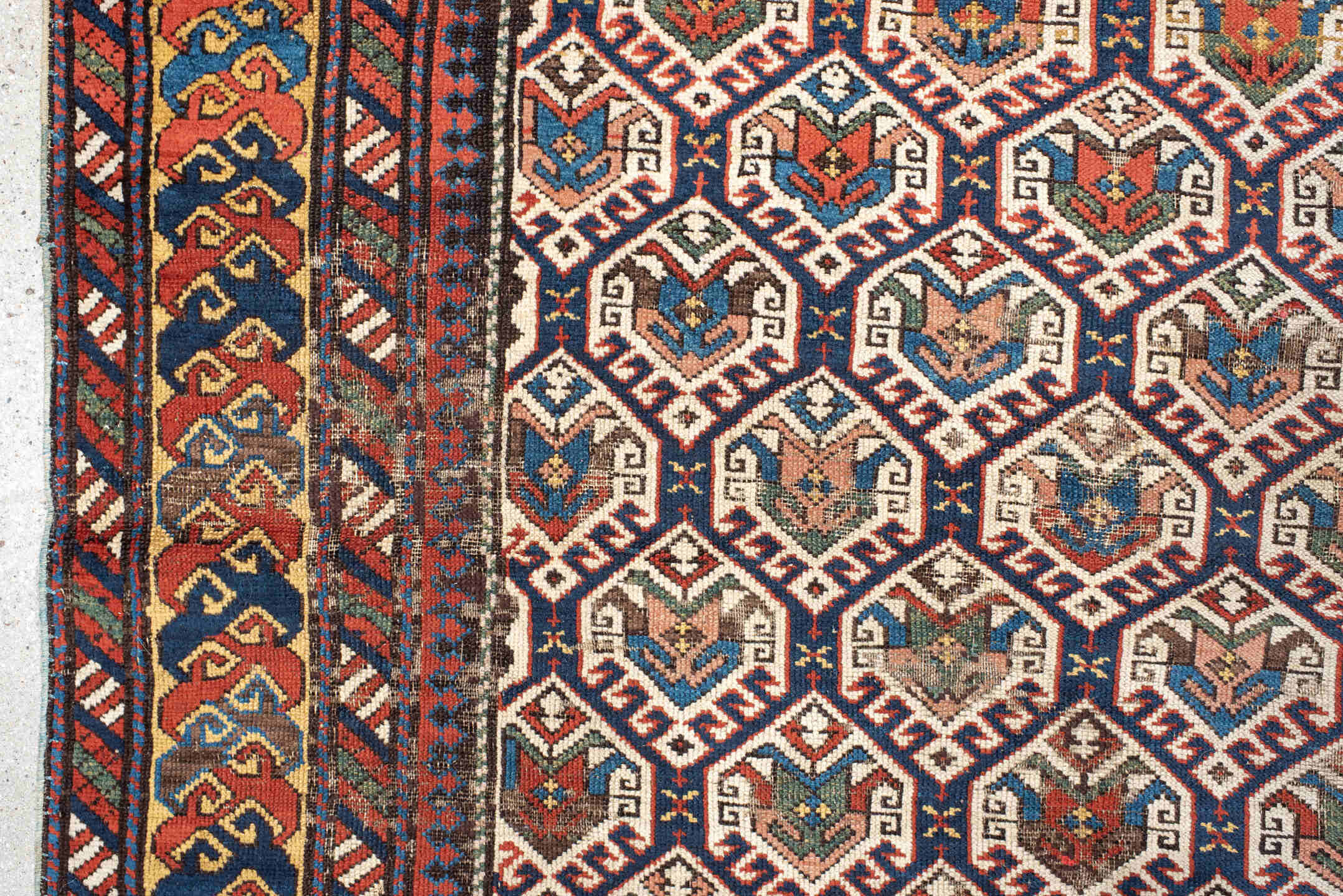 3' x 9' one-of-a-kind handmade vintage Shirvan runner rug. Color palette: antiquewhite, beige, black, blue, brown, burlywood