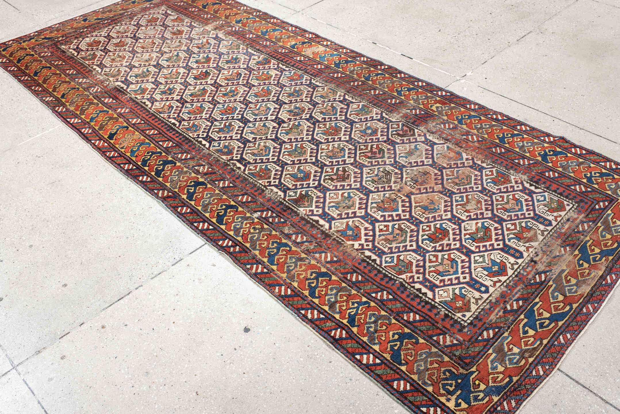 3' x 9' one-of-a-kind handmade vintage Shirvan runner rug. Color palette: antiquewhite, beige, black, blue, brown, burlywood