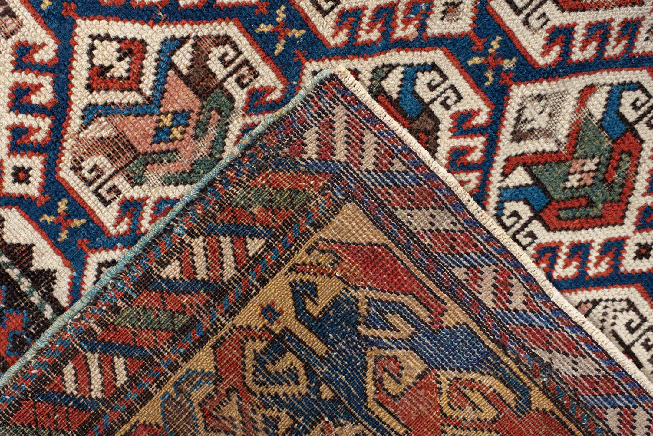 3' x 9' one-of-a-kind handmade vintage Shirvan runner rug. Color palette: antiquewhite, beige, black, blue, brown, burlywood