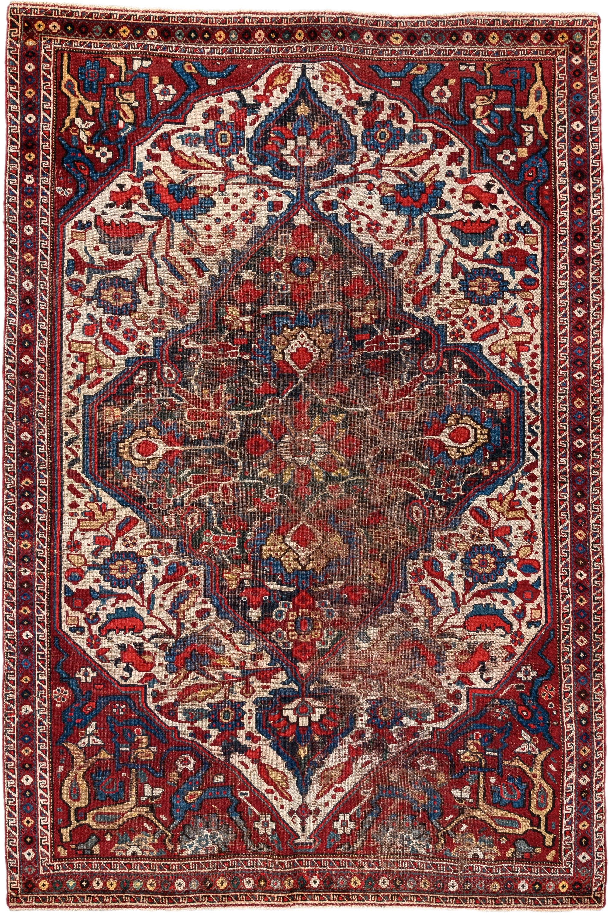 4' x 6' one-of-a-kind handmade vintage  small size rug. Color palette: ivory, red, navy, cobalt, rust, camel, brown, blue