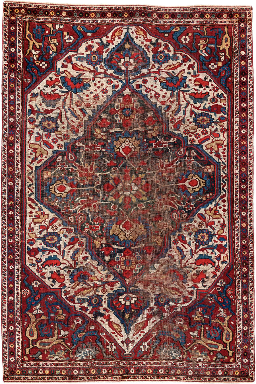 4' x 6' one-of-a-kind handmade vintage  small size rug. Color palette: ivory, red, navy, cobalt, rust, camel, brown, blue