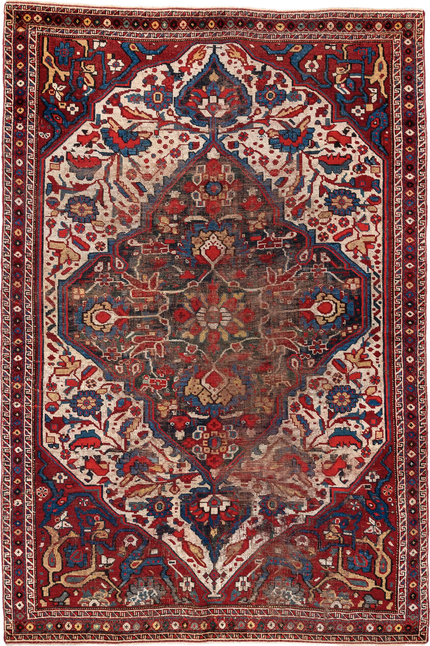 4' x 6' one-of-a-kind handmade vintage  small size rug. Color palette: ivory, red, navy, cobalt, rust, camel, brown, blue