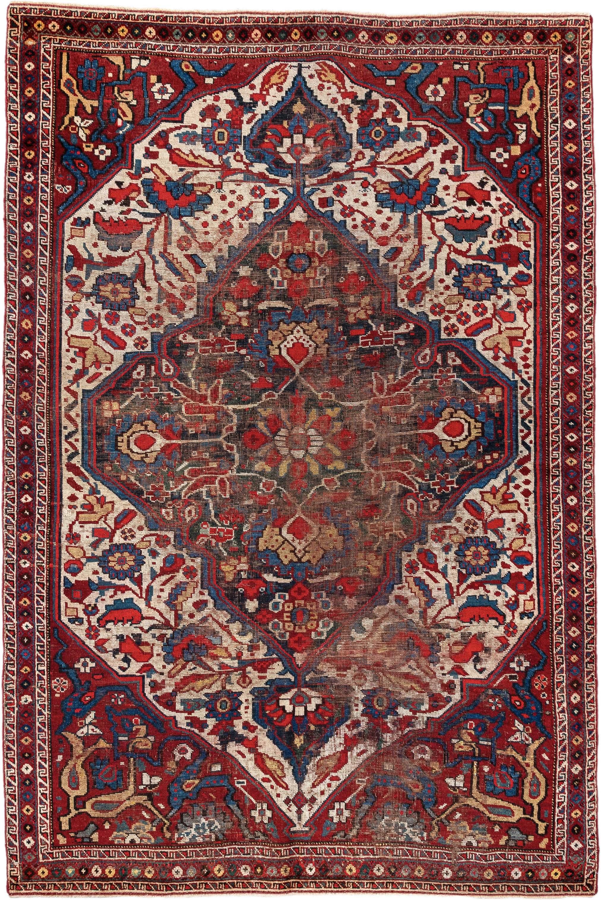 4' x 6' one-of-a-kind handmade vintage  small size rug. Color palette: ivory, red, navy, cobalt, rust, camel, brown, blue