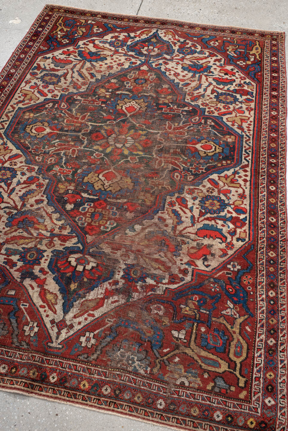 4' x 6' one-of-a-kind handmade vintage  small size rug. Color palette: ivory, red, navy, cobalt, rust, camel, brown, blue