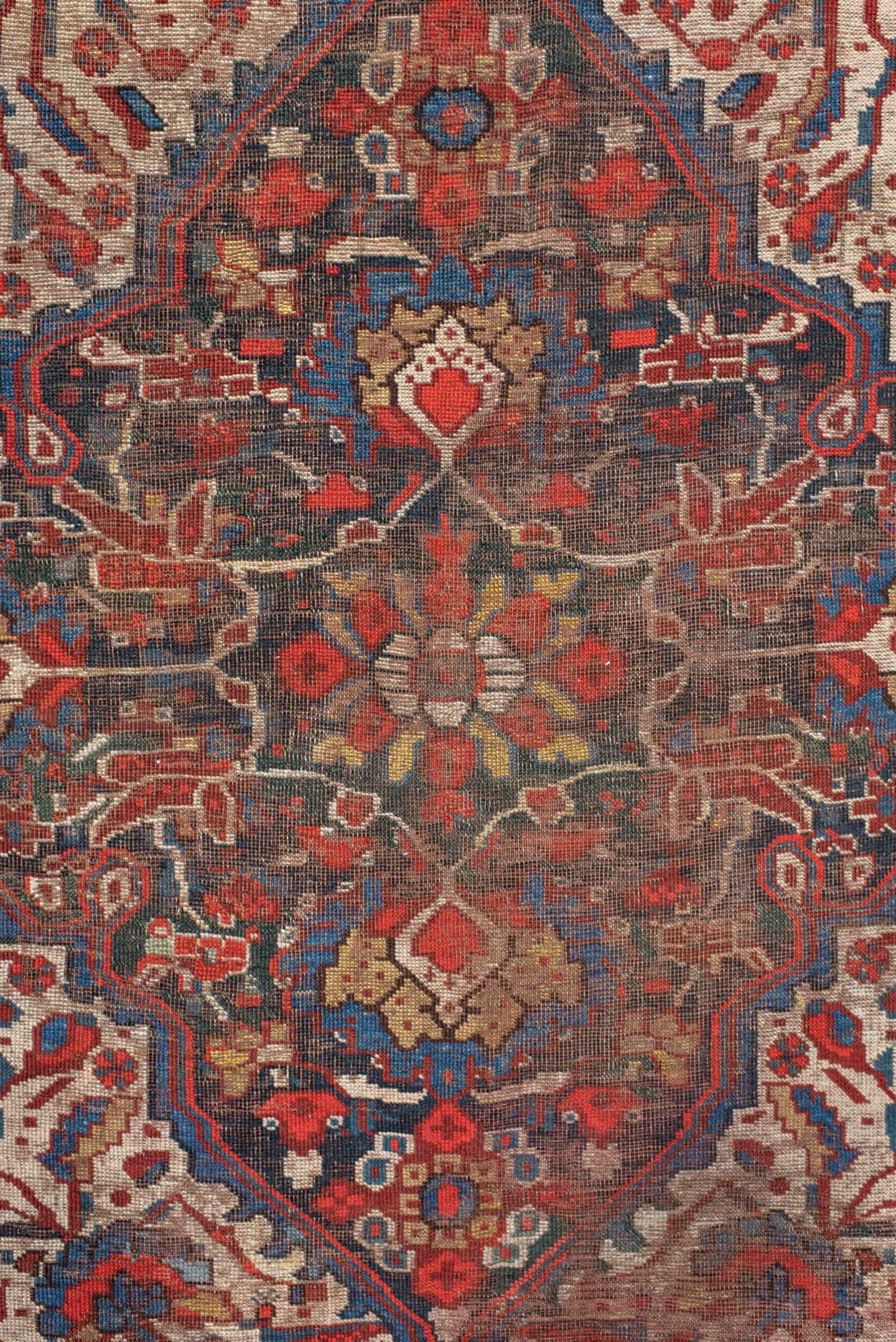 4' x 6' one-of-a-kind handmade vintage  small size rug. Color palette: ivory, red, navy, cobalt, rust, camel, brown, blue