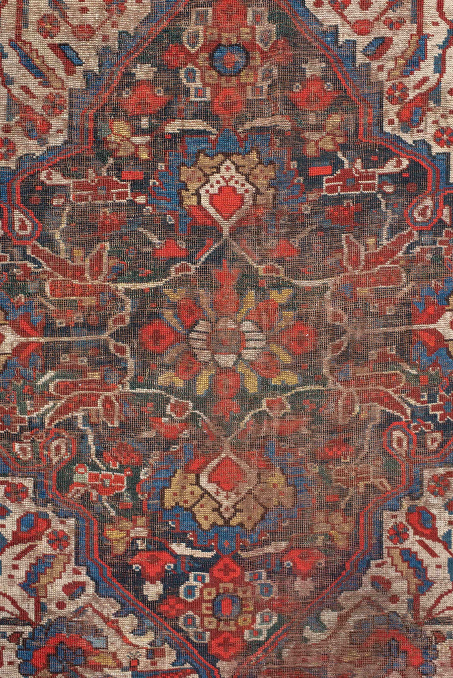 4' x 6' one-of-a-kind handmade vintage  small size rug. Color palette: ivory, red, navy, cobalt, rust, camel, brown, blue