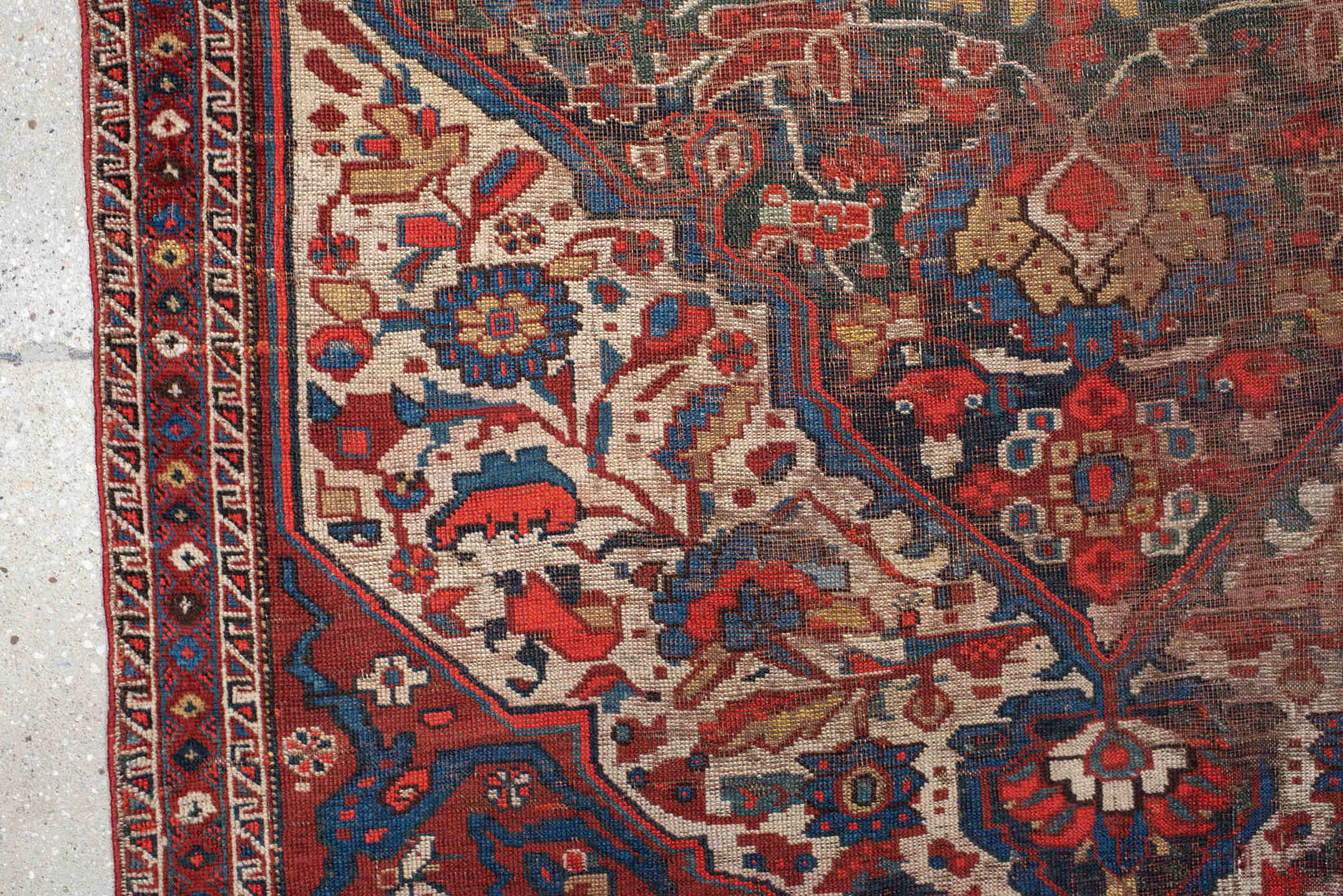 4' x 6' one-of-a-kind handmade vintage  small size rug. Color palette: ivory, red, navy, cobalt, rust, camel, brown, blue