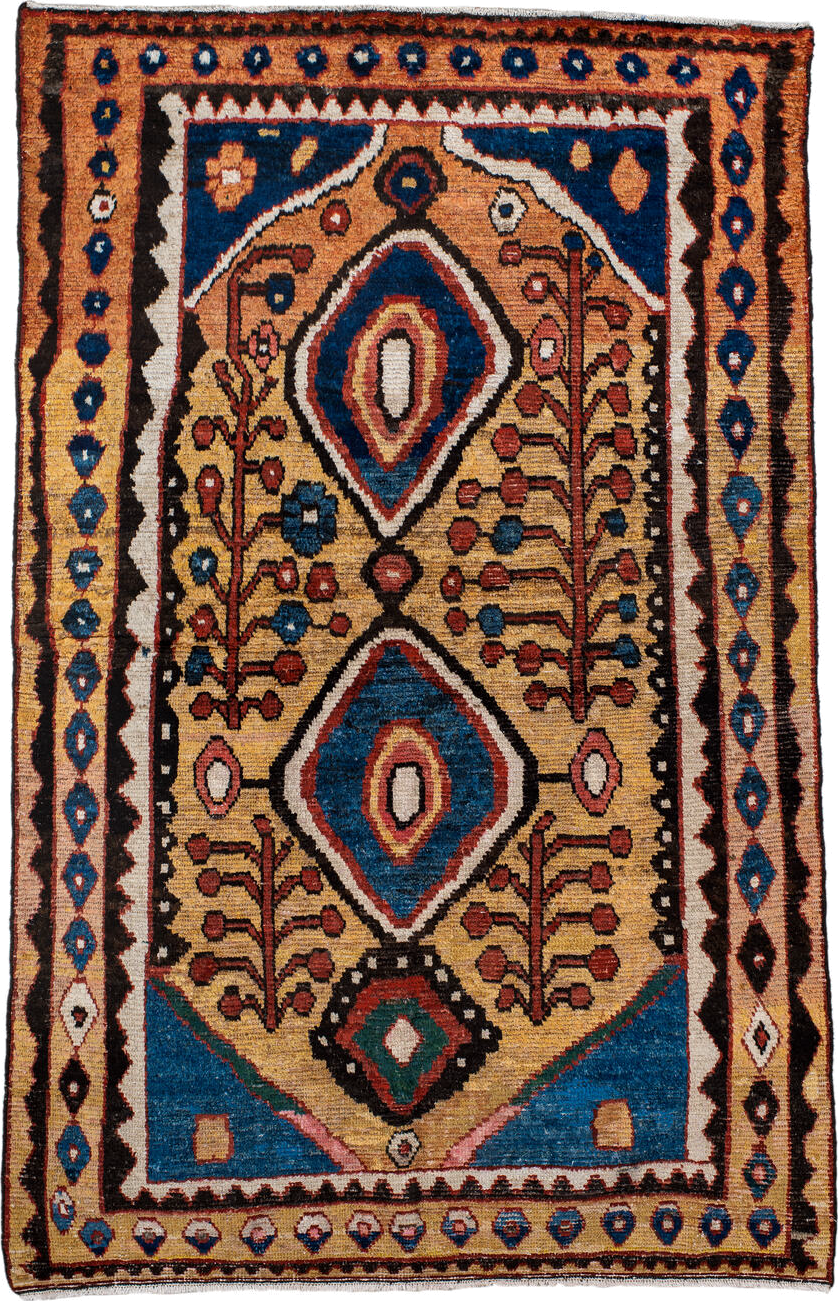 4' x 6' one-of-a-kind handmade antique Gabbe small size rug. Color palette: gold, blue, rust, ivory, brown, rose, teal