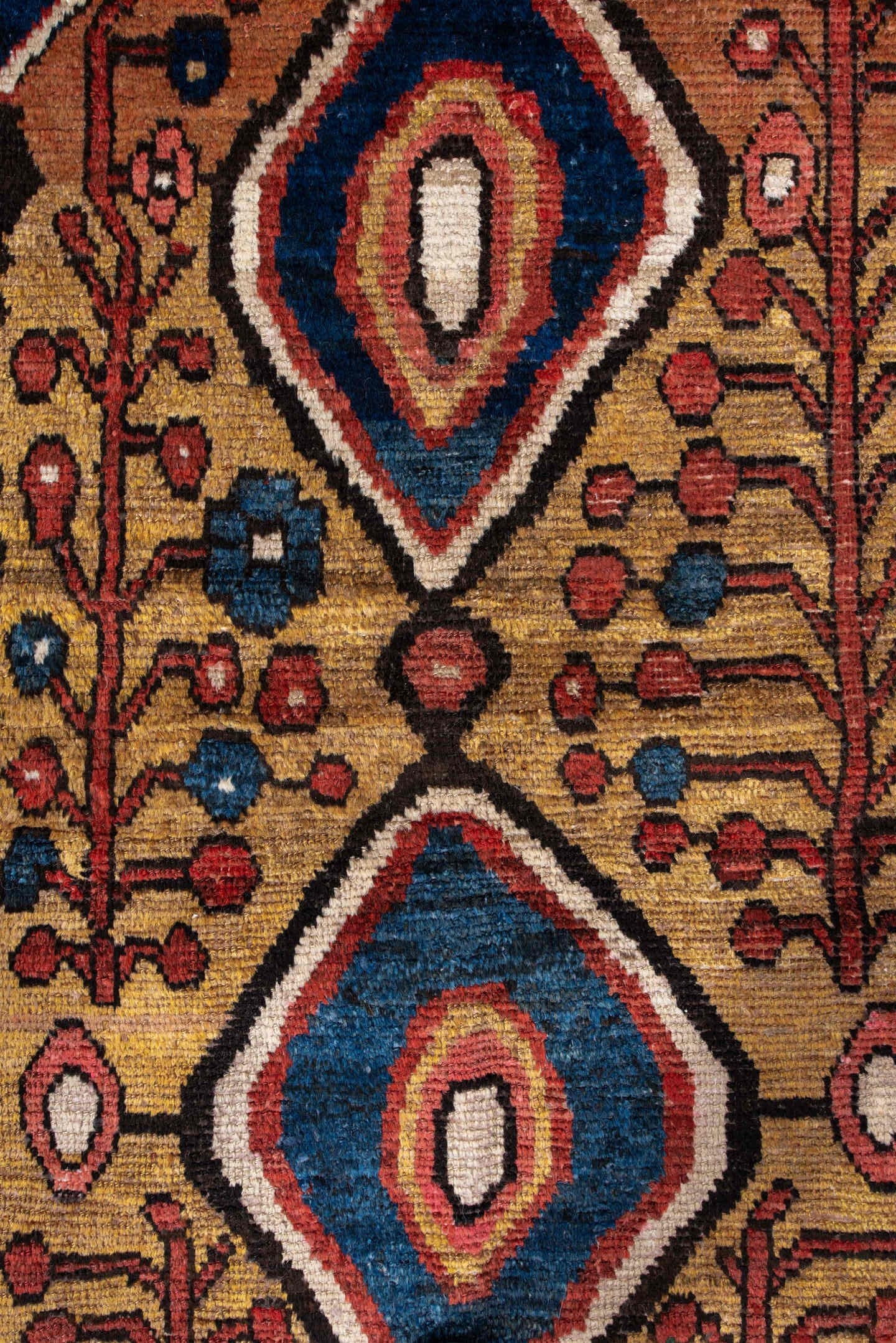 4' x 6' one-of-a-kind handmade antique Gabbe small size rug. Color palette: gold, blue, rust, ivory, brown, rose, teal
