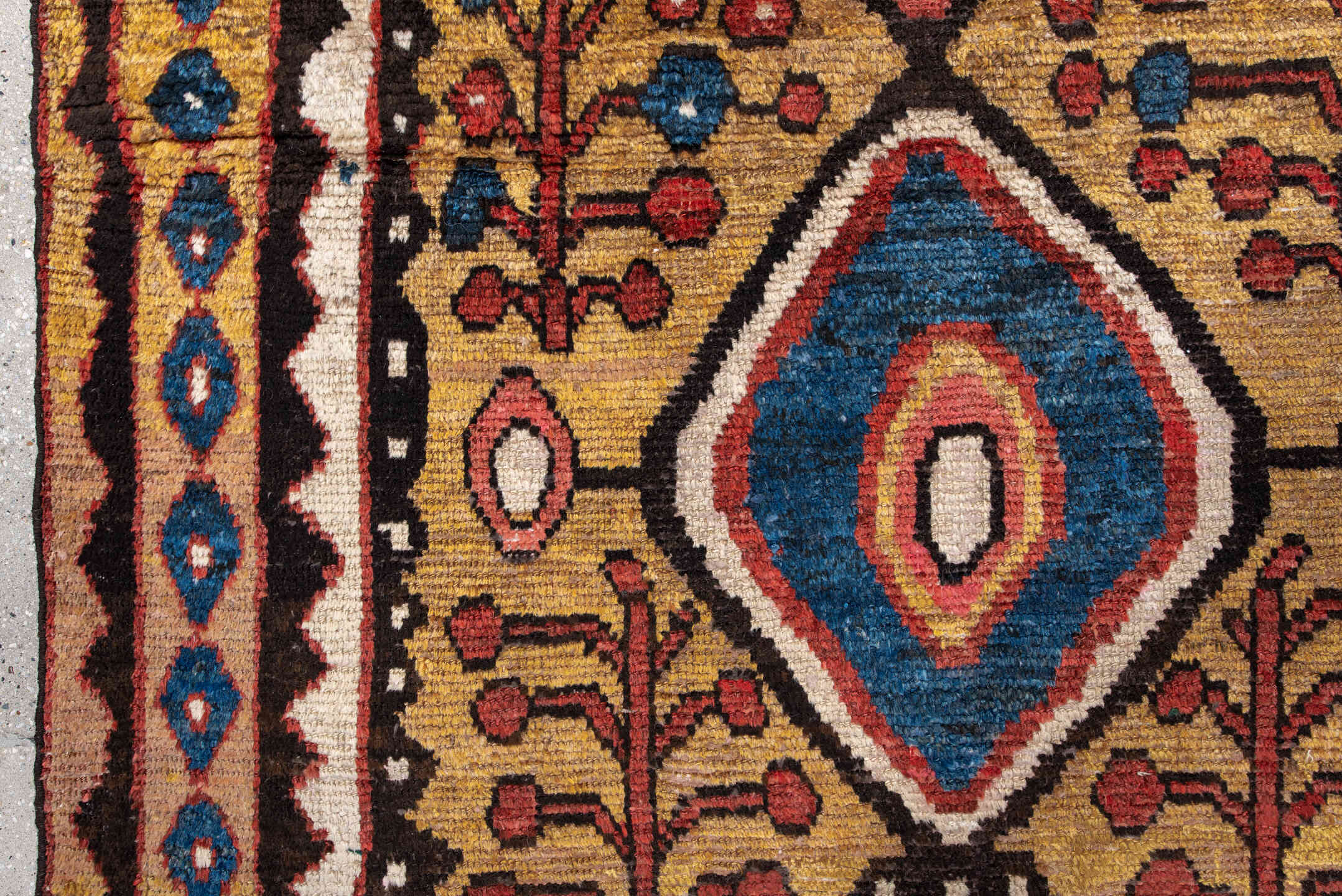 4' x 6' one-of-a-kind handmade antique Gabbe small size rug. Color palette: gold, blue, rust, ivory, brown, rose, teal