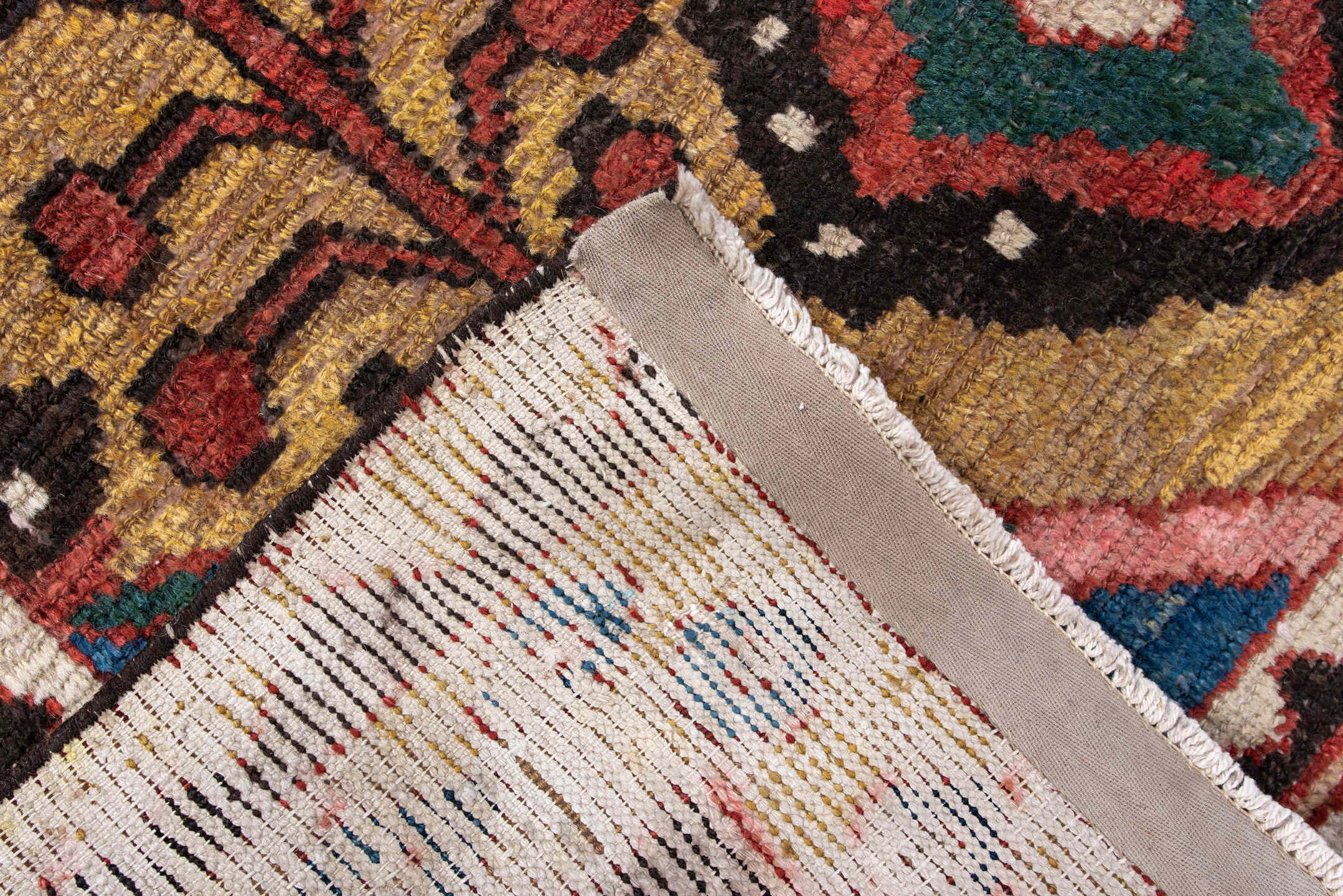 4' x 6' one-of-a-kind handmade antique Gabbe small size rug. Color palette: gold, blue, rust, ivory, brown, rose, teal