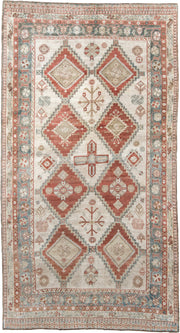 5' x 10' one-of-a-kind handmade vintage Shiraz medium size rug. Color palette: ivory, terra cotta, sky blue, rust, beige