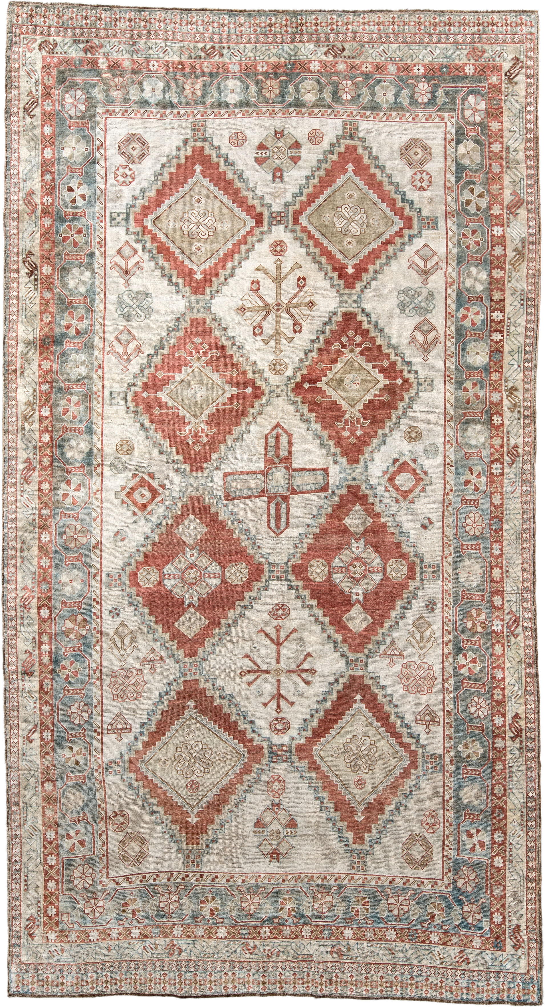 5' x 10' one-of-a-kind handmade vintage Shiraz medium size rug. Color palette: ivory, terra cotta, sky blue, rust, beige