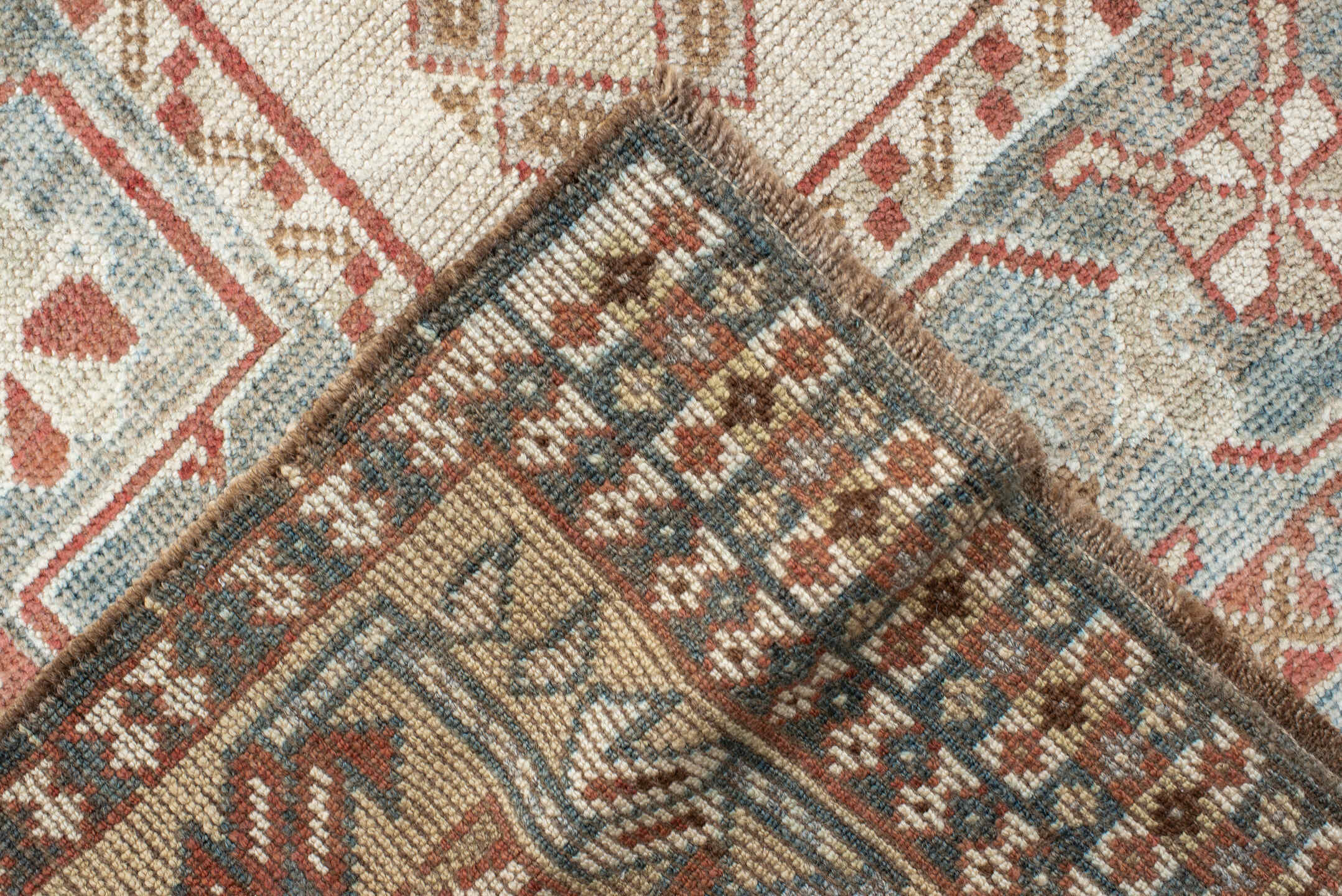 5' x 10' one-of-a-kind handmade vintage Shiraz medium size rug. Color palette: ivory, terra cotta, sky blue, rust, beige