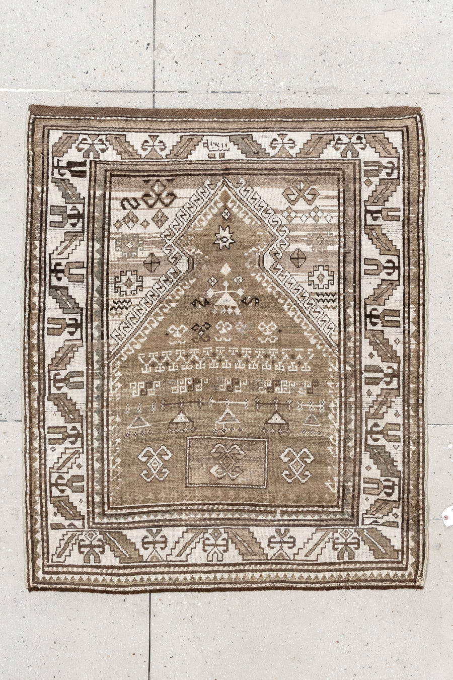 3' x 4' one-of-a-kind handmade vintage Caucasian small size rug. Color palette: taupe, ivory, brown, camel, beige, gray