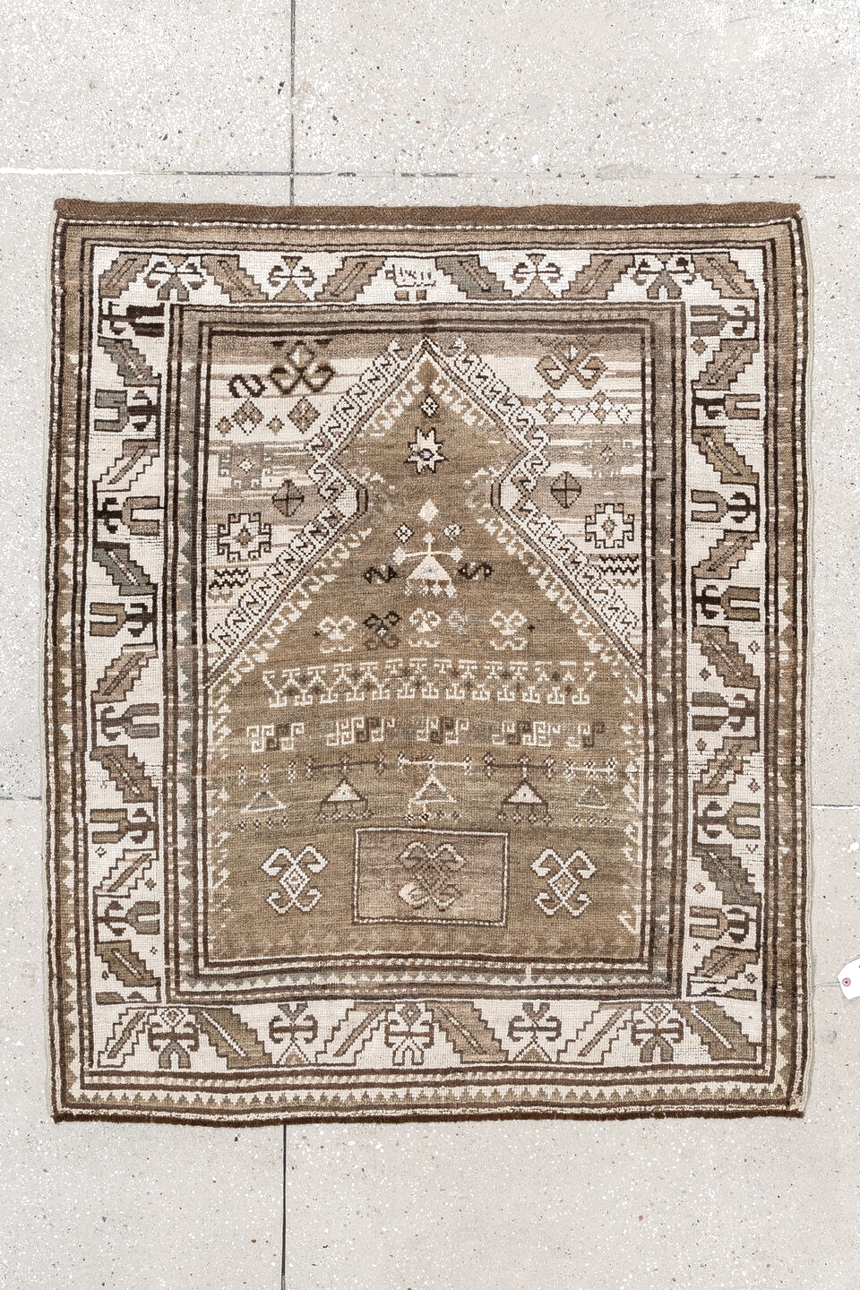 3' x 4' one-of-a-kind handmade vintage Caucasian small size rug. Color palette: antiquewhite, black, brown, gray, light gray