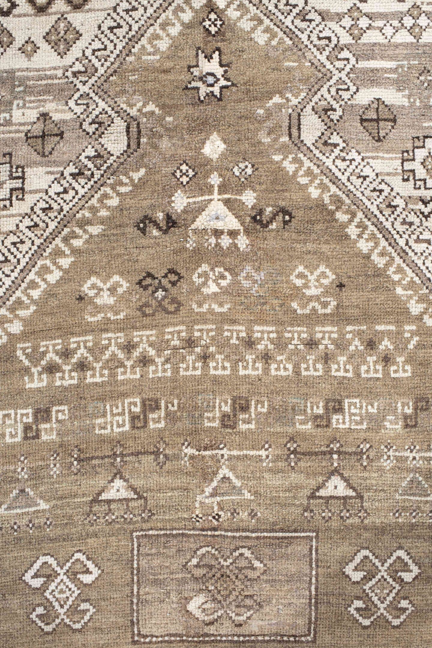 3' x 4' one-of-a-kind handmade vintage Caucasian small size rug. Color palette: taupe, ivory, brown, camel, beige, gray