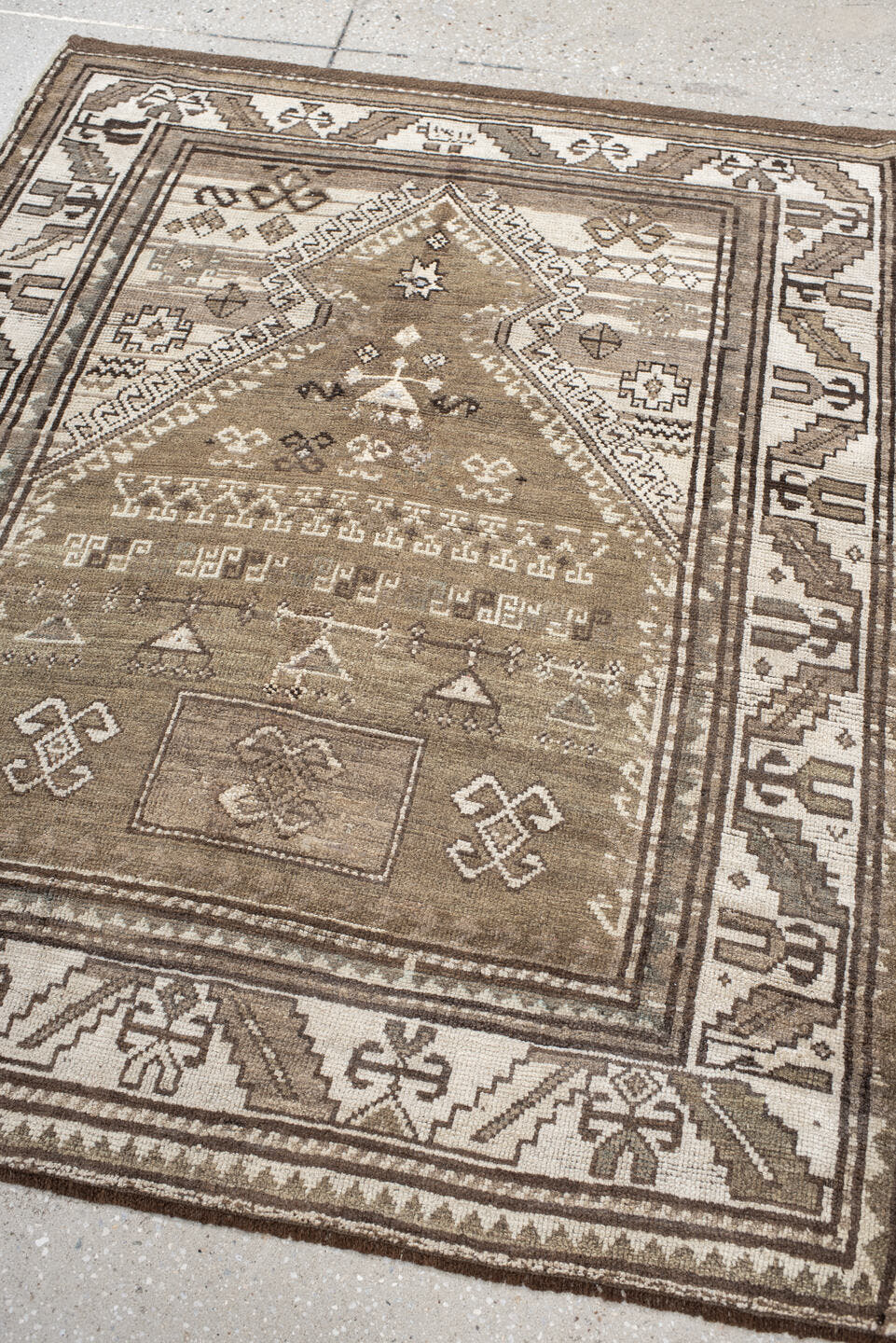 3' x 4' one-of-a-kind handmade vintage Caucasian small size rug. Color palette: taupe, ivory, brown, camel, beige, gray