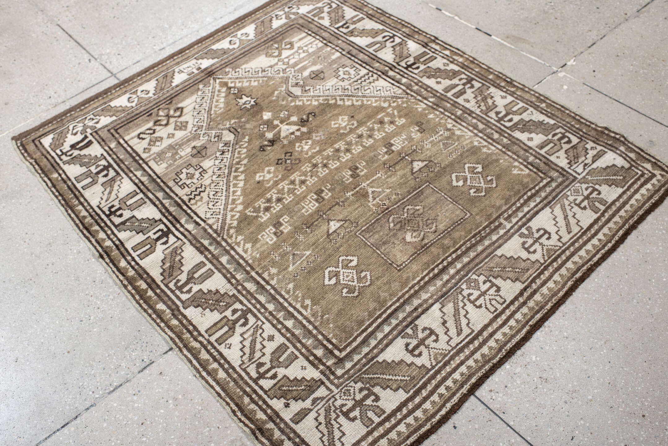 3' x 4' one-of-a-kind handmade vintage Caucasian small size rug. Color palette: taupe, ivory, brown, camel, beige, gray