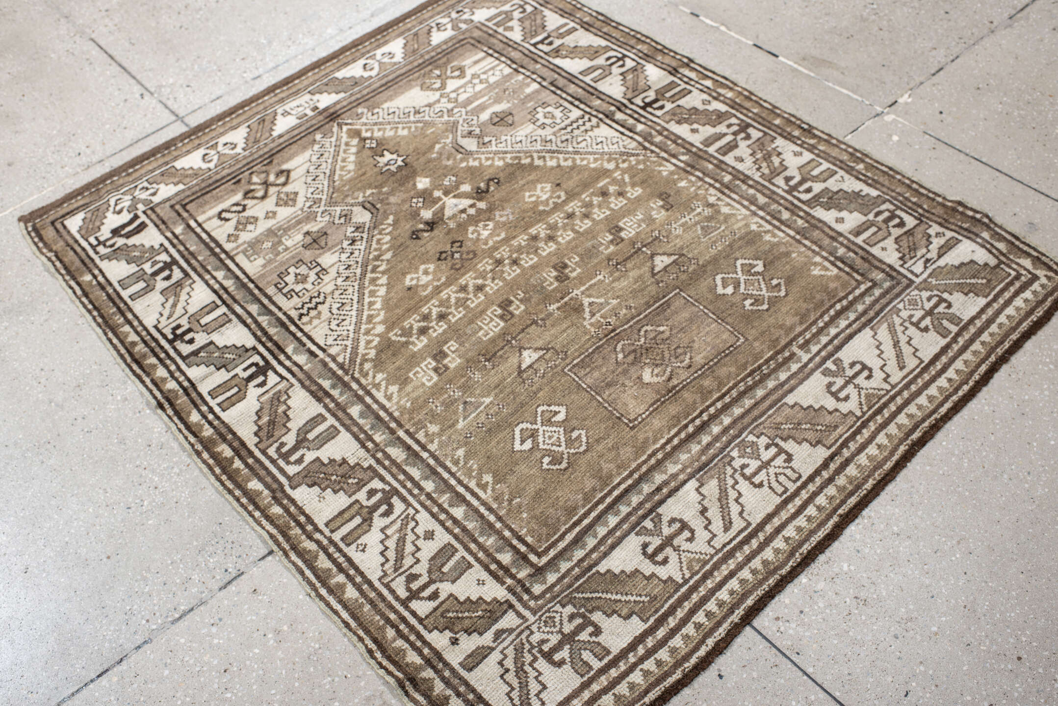 3' x 4' one-of-a-kind handmade vintage Caucasian small size rug. Color palette: taupe, ivory, brown, camel, beige, gray