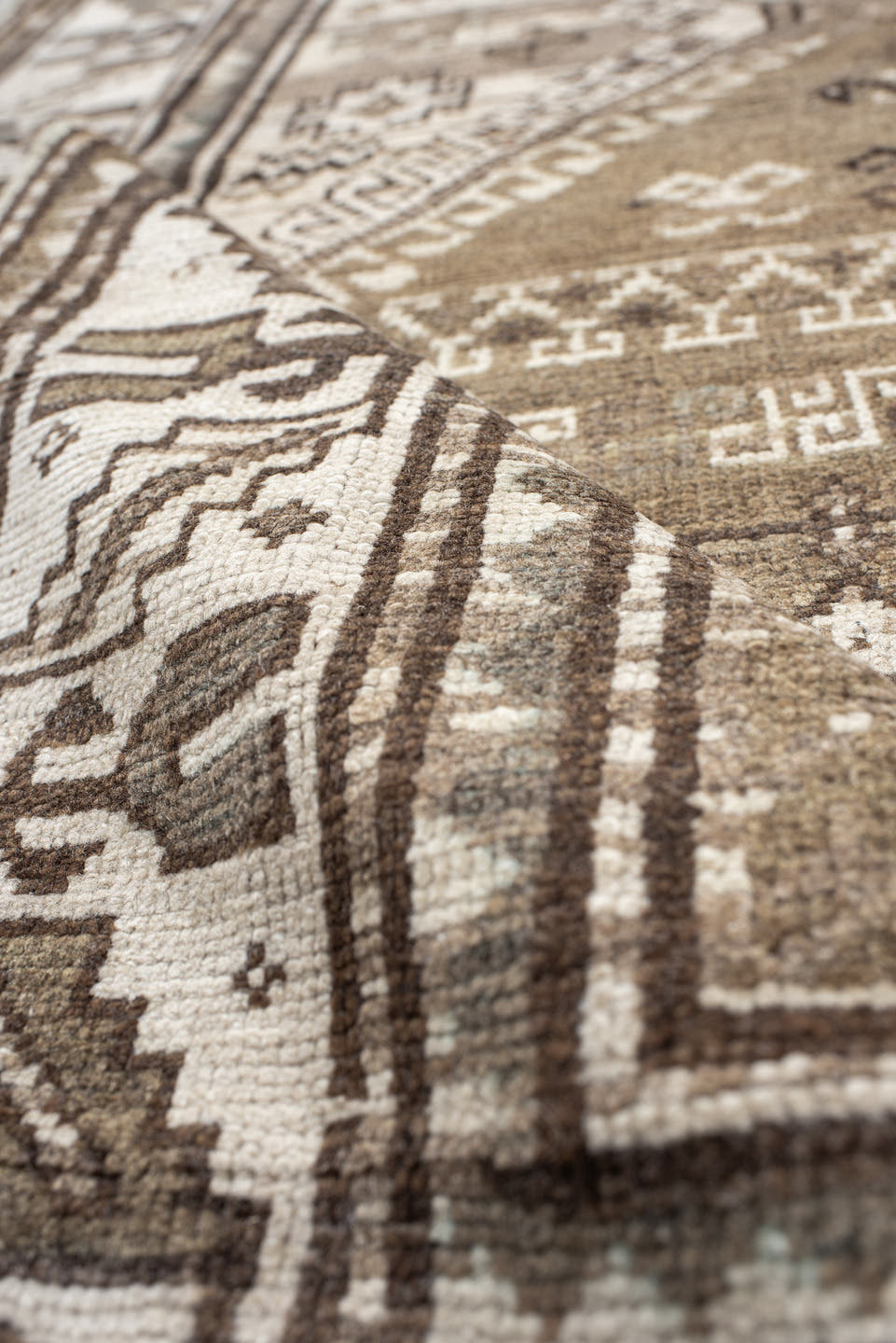 3' x 4' one-of-a-kind handmade vintage Caucasian small size rug. Color palette: taupe, ivory, brown, camel, beige, gray