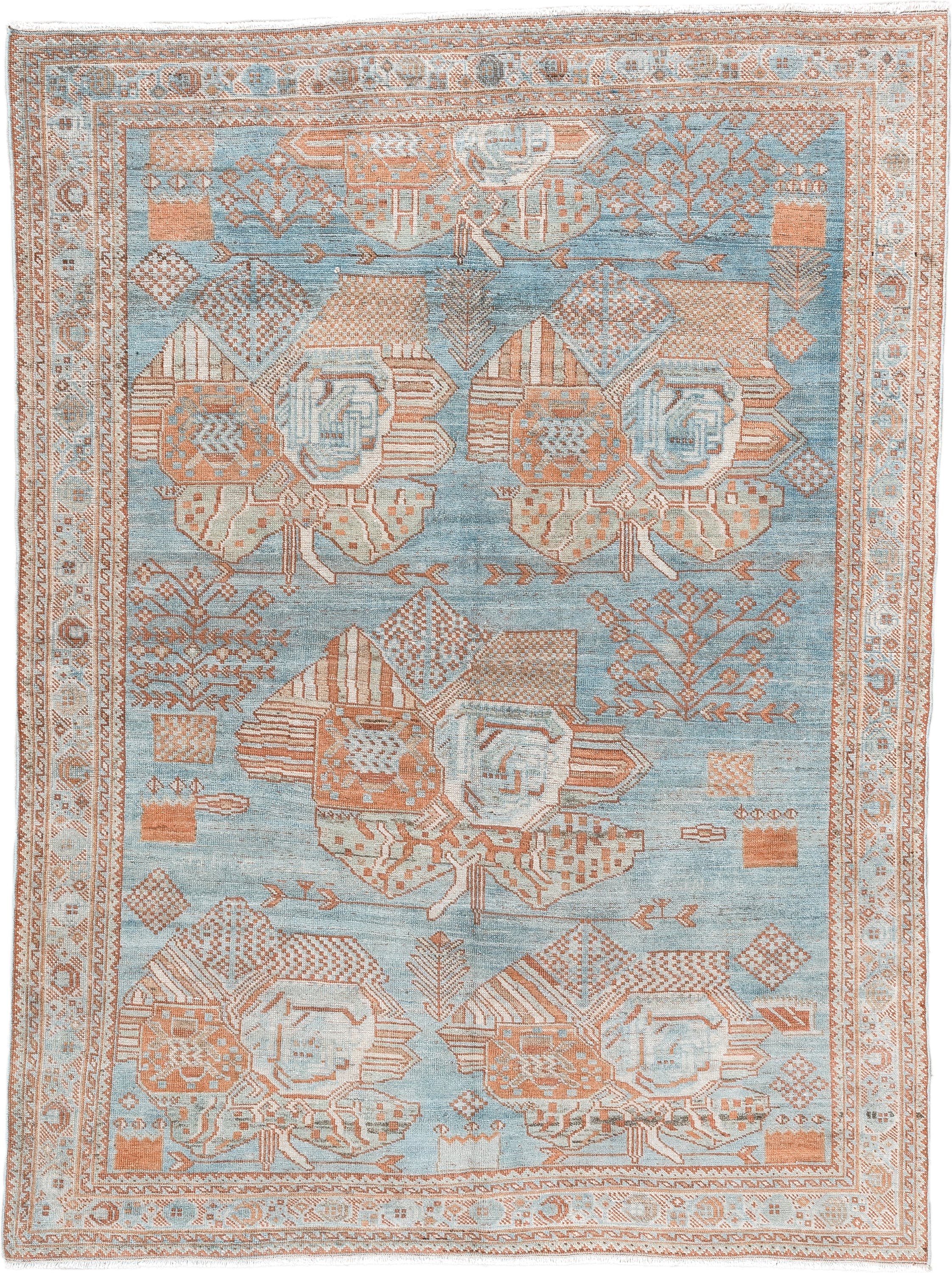 4' x 6' one-of-a-kind handmade vintage  small size rug. Color palette: sky blue, terracotta, ivory, peach, camel, light blue