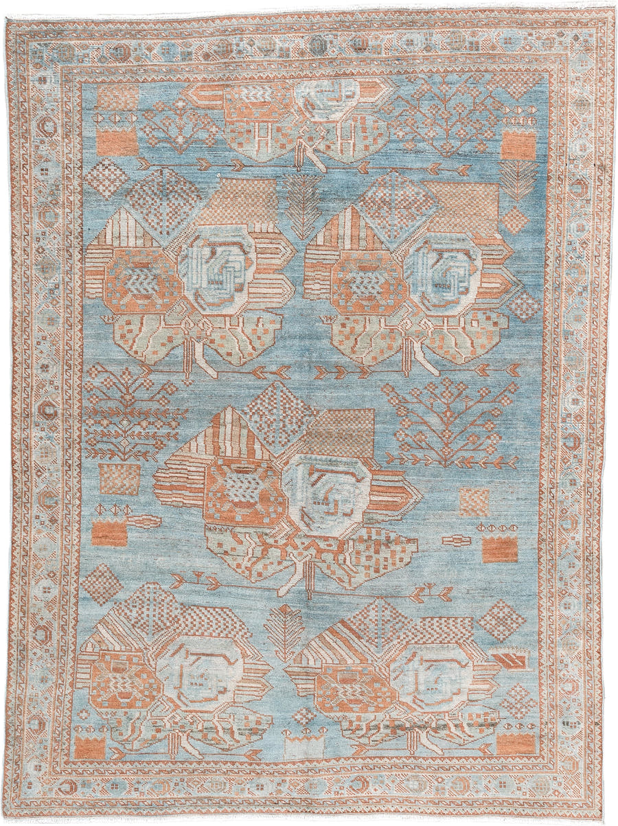 4' x 6' one-of-a-kind handmade vintage  small size rug. Color palette: sky blue, terracotta, ivory, peach, camel, light blue