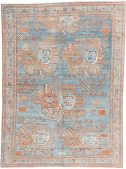 4' x 6' one-of-a-kind handmade vintage small size rug. Color palette: sky blue, terracotta, ivory, peach, camel, light blue