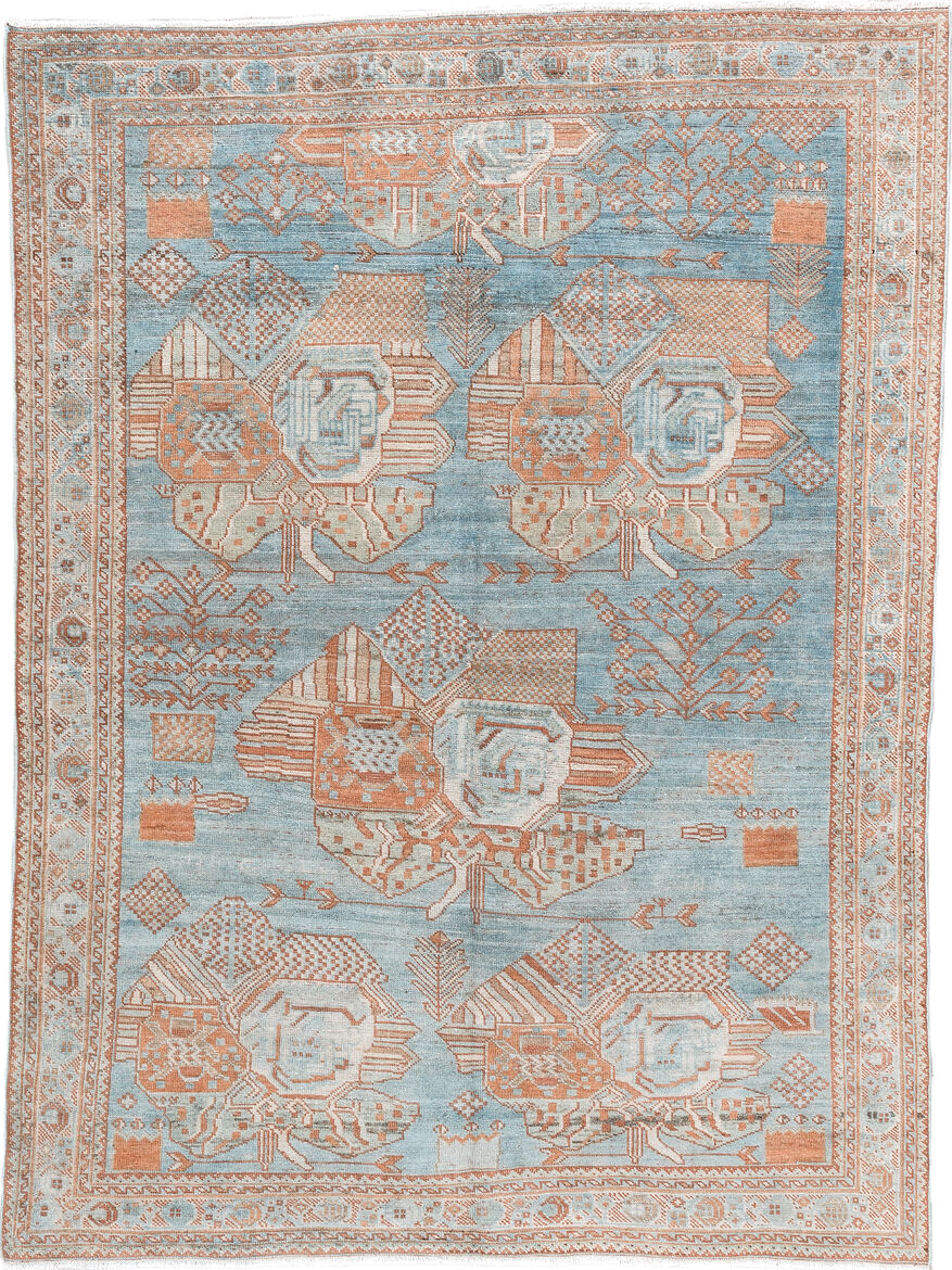 4' x 6' one-of-a-kind handmade vintage  small size rug. Color palette: sky blue, terracotta, ivory, peach, camel, light blue