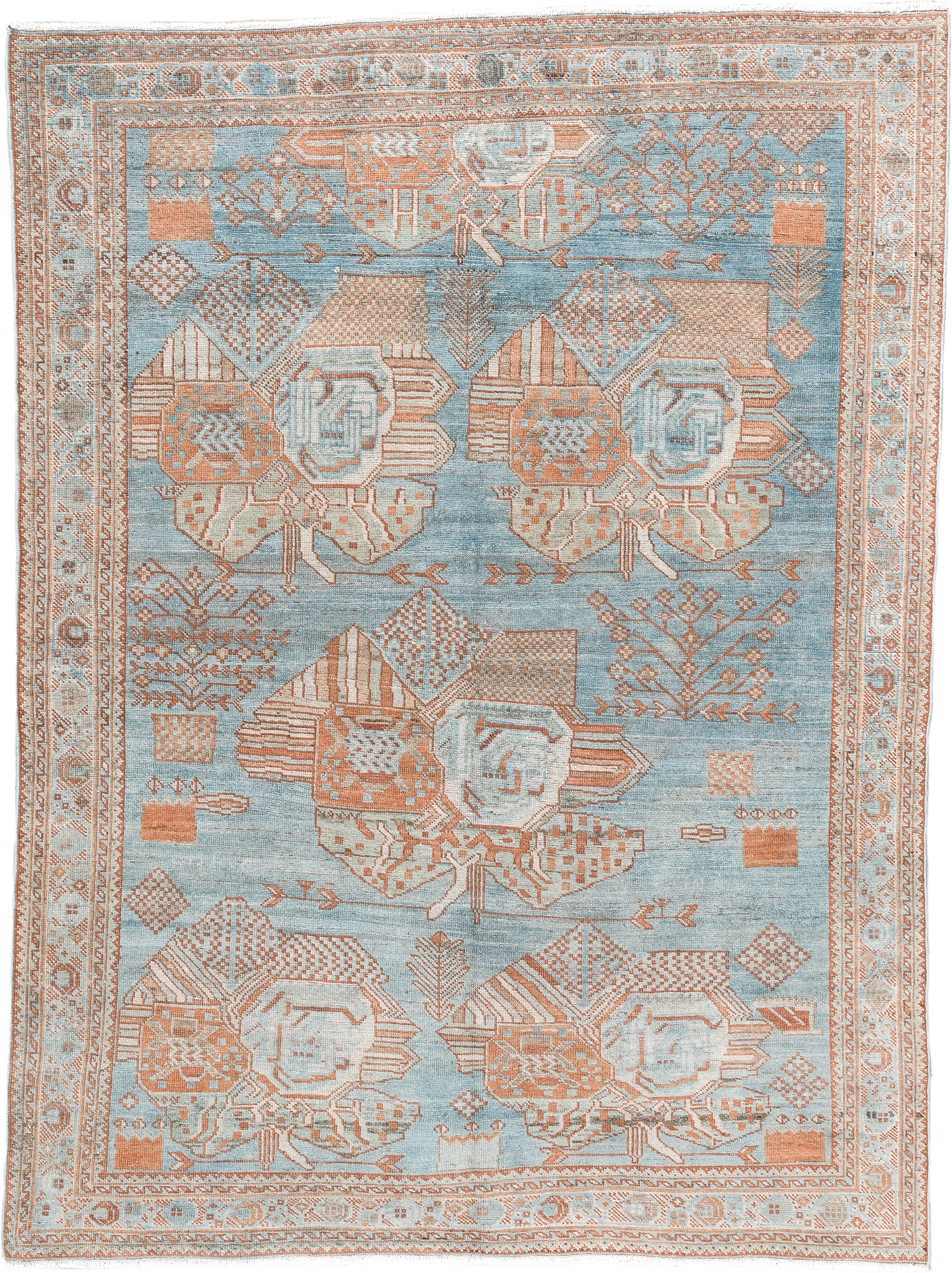 4' x 6' one-of-a-kind handmade vintage  small size rug. Color palette: sky blue, terracotta, ivory, peach, camel, light blue