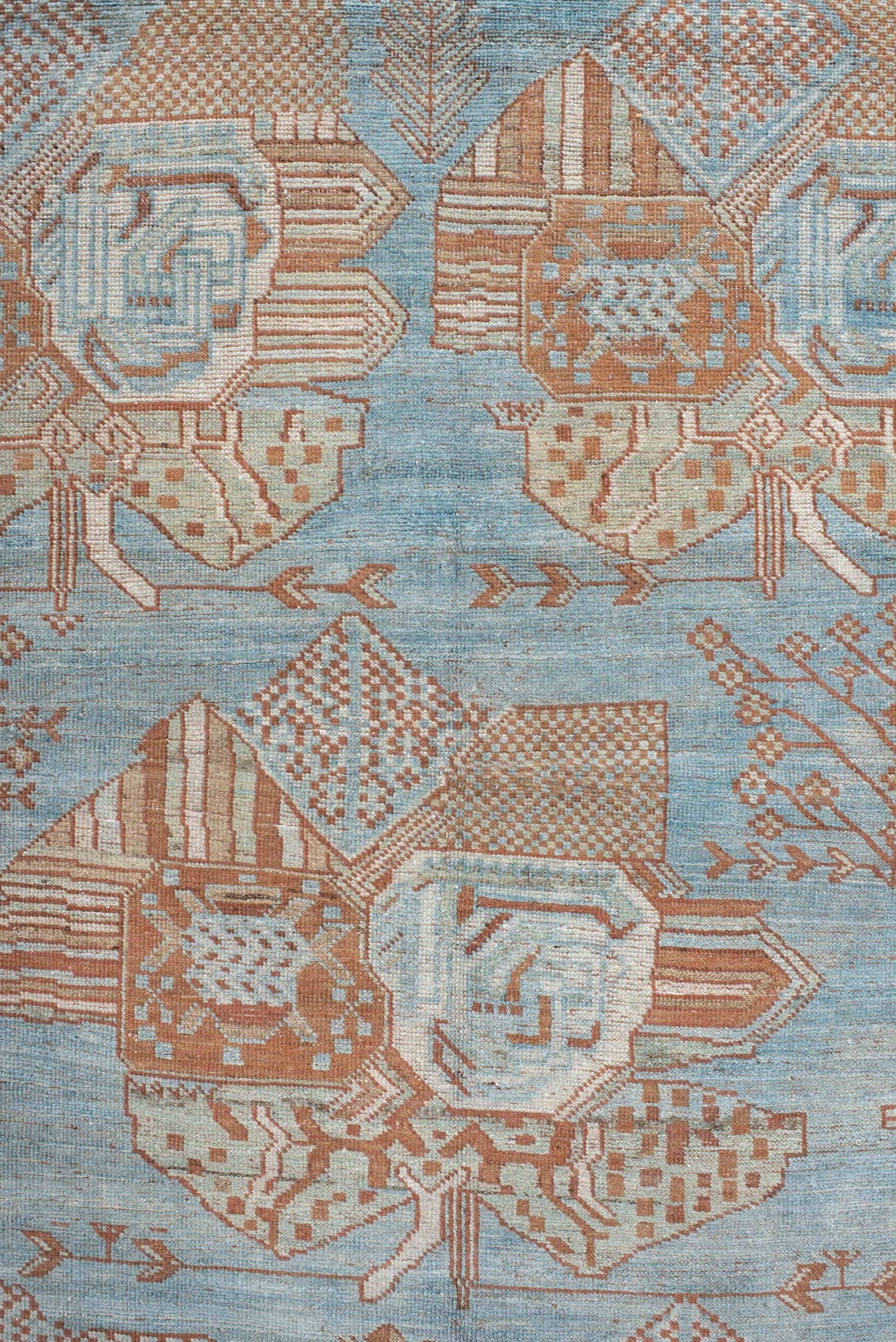 4' x 6' one-of-a-kind handmade vintage  small size rug. Color palette: sky blue, terracotta, ivory, peach, camel, light blue