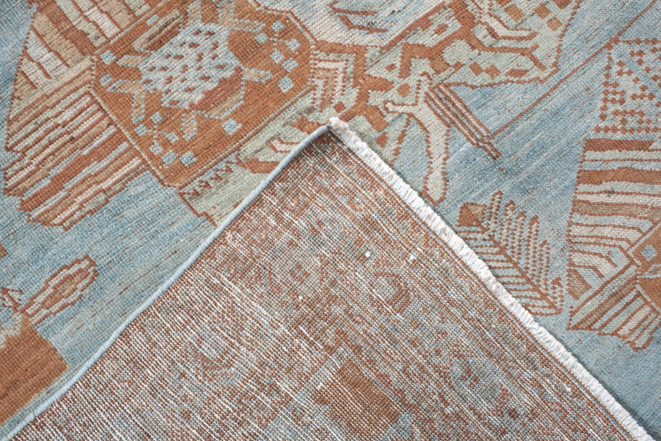 4' x 6' one-of-a-kind handmade vintage  small size rug. Color palette: sky blue, terracotta, ivory, peach, camel, light blue