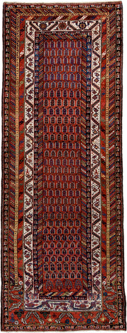 4' x 11' one-of-a-kind handmade antique NW Persian runner rug. Color palette: rust, ivory, indigo, navy, terra cotta, camel