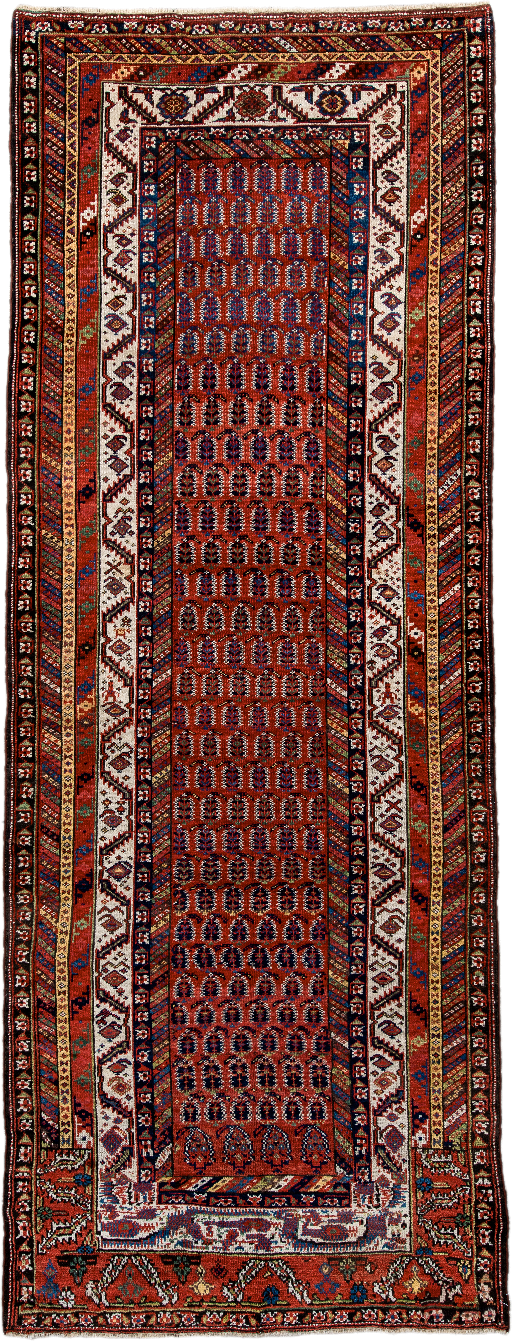 4' x 11' one-of-a-kind handmade antique NW Persian runner rug. Color palette: rust, ivory, indigo, navy, terra cotta, camel