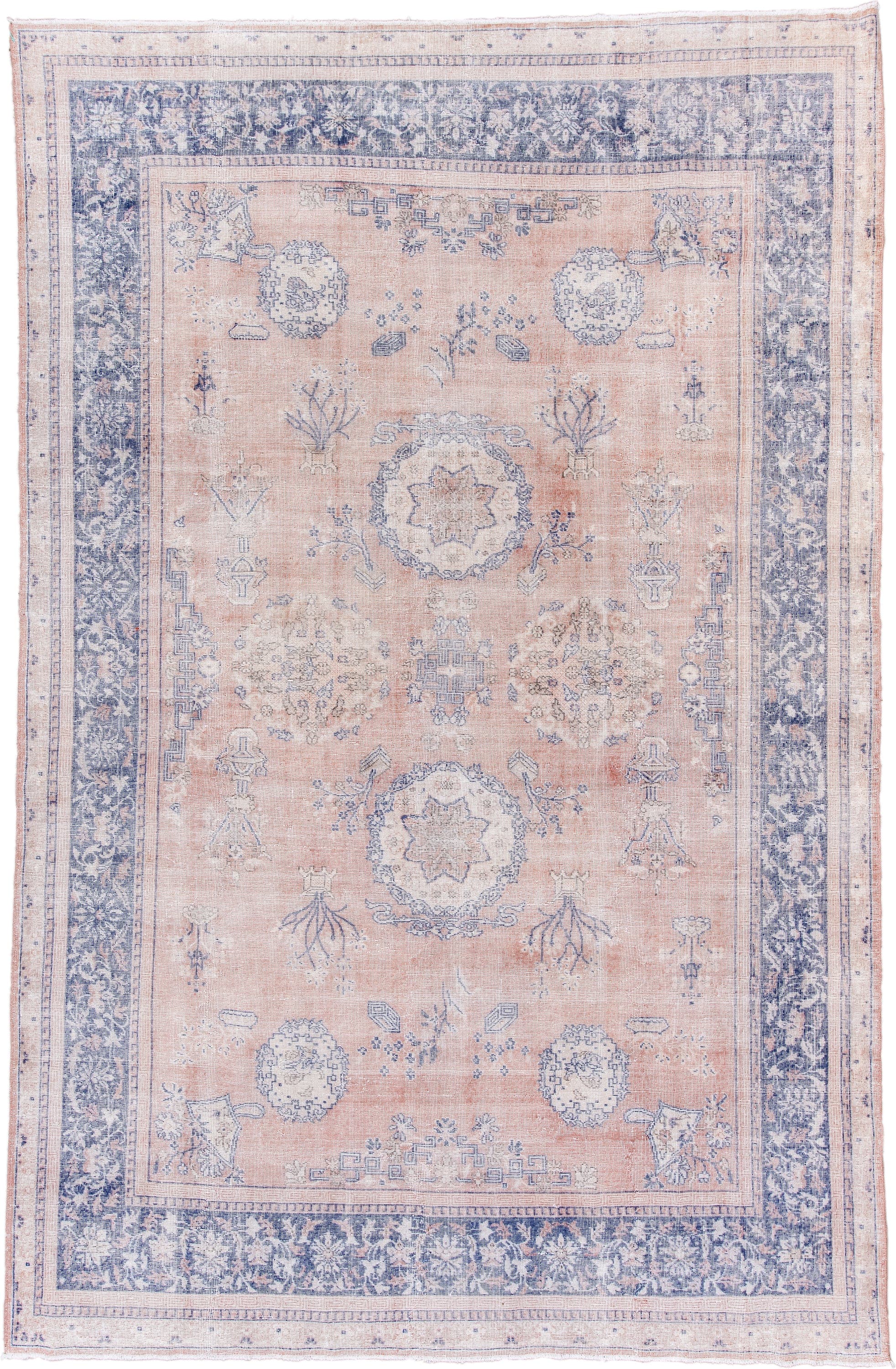 7' x 12' one-of-a-kind handmade vintage Sparta large size rug. Color palette: blush, powder_blue, ivory, dusty_rose
