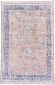 7' x 12' one-of-a-kind handmade vintage Sparta large size rug. Color palette: blush, powder_blue, ivory, dusty_rose