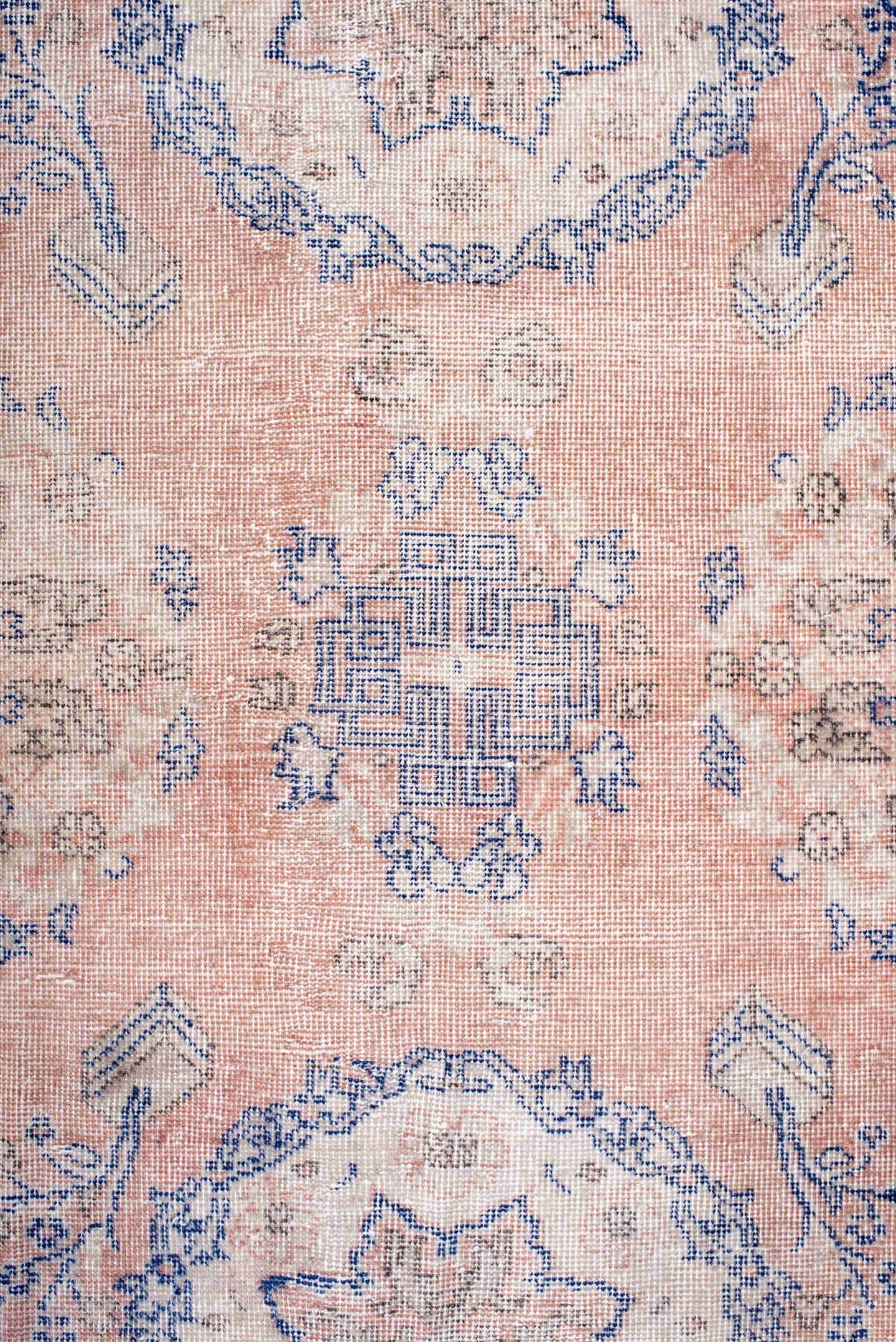 7' x 12' one-of-a-kind handmade vintage Sparta large size rug. Color palette: blush, powder_blue, ivory, dusty_rose