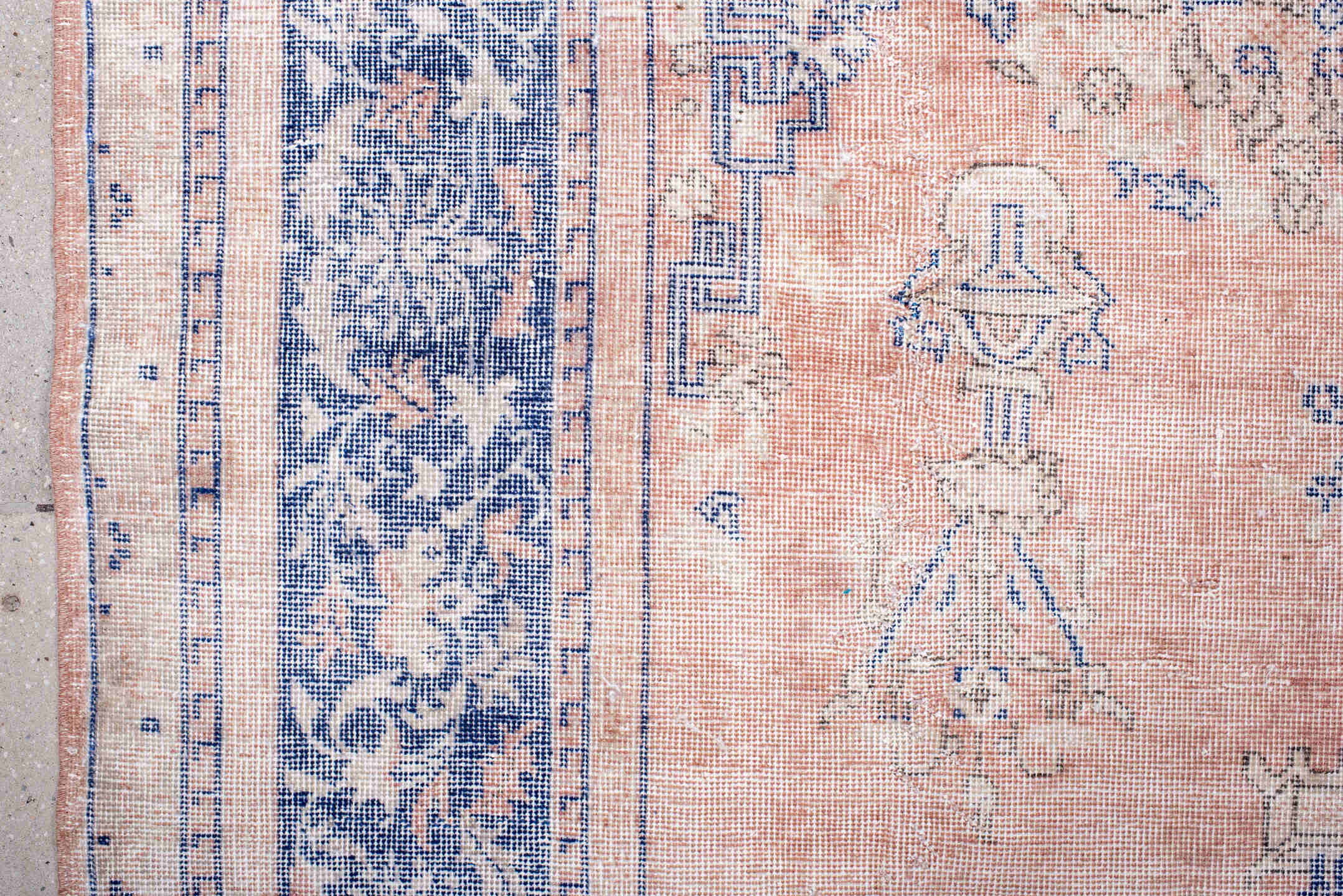 7' x 12' one-of-a-kind handmade vintage Sparta large size rug. Color palette: blush, powder_blue, ivory, dusty_rose