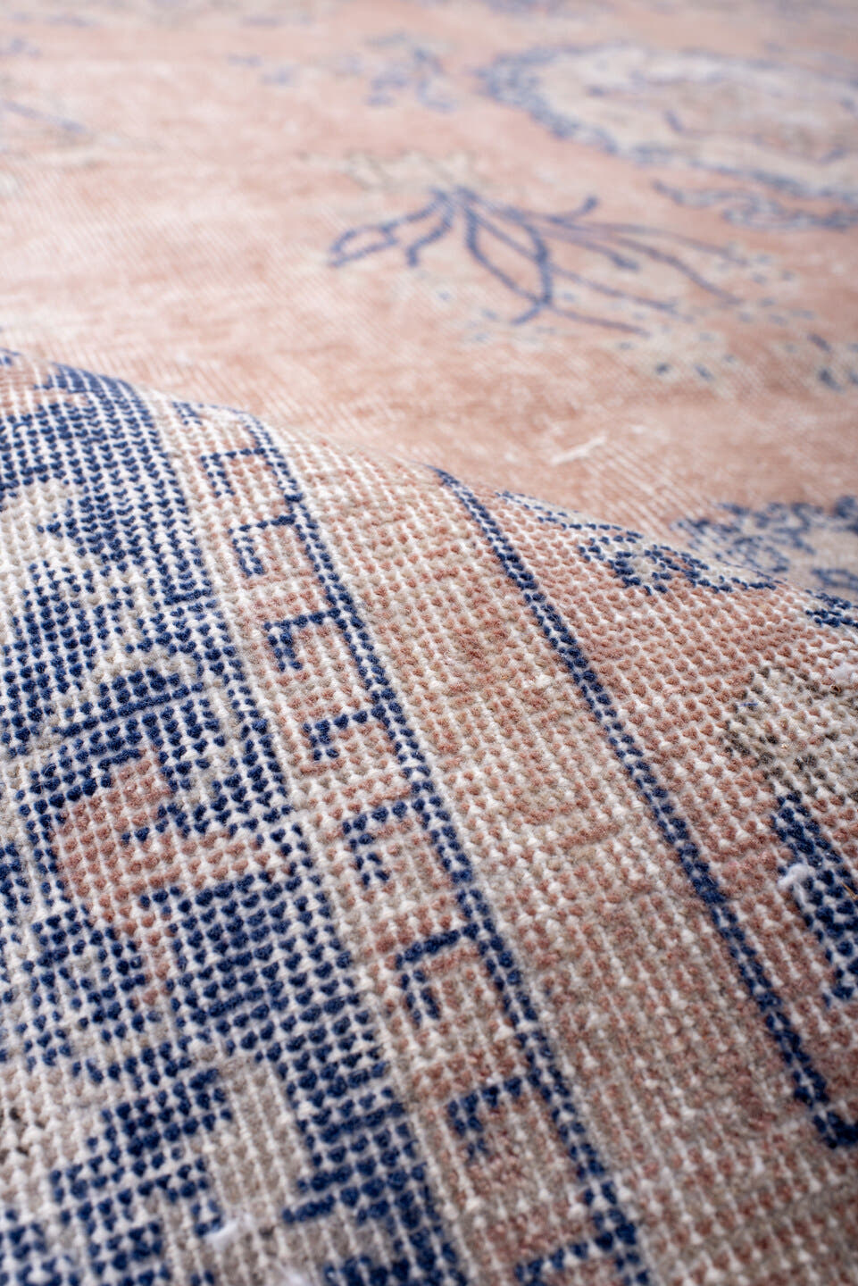 7' x 12' one-of-a-kind handmade vintage Sparta large size rug. Color palette: blush, powder_blue, ivory, dusty_rose