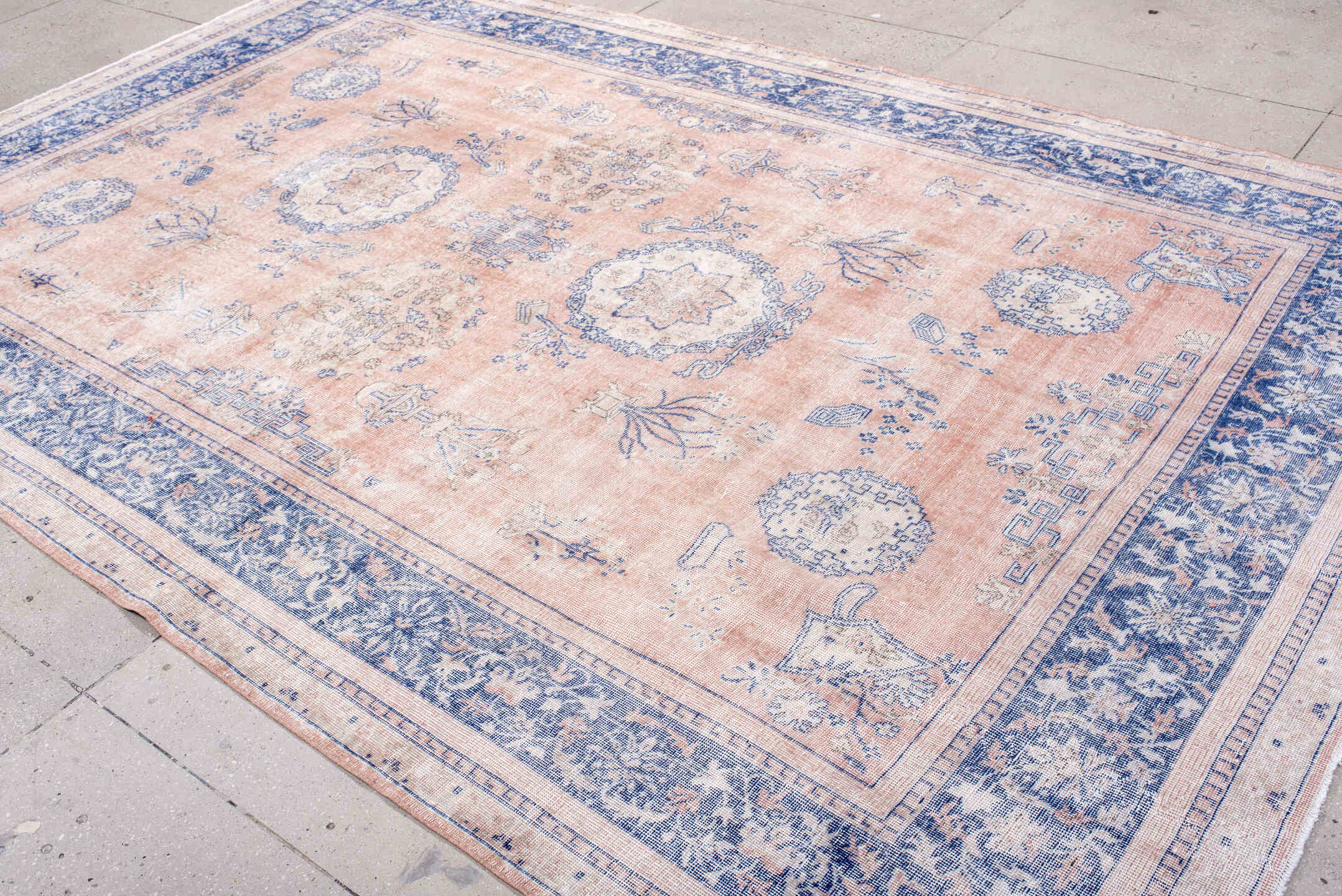 7' x 12' one-of-a-kind handmade vintage Sparta large size rug. Color palette: blush, powder_blue, ivory, dusty_rose