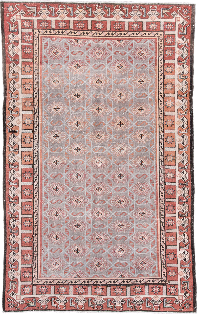 4' x 7' one-of-a-kind handmade vintage Sparta rug. Color palette: salmon, gray, ivory, charcoal, blush, pink, black