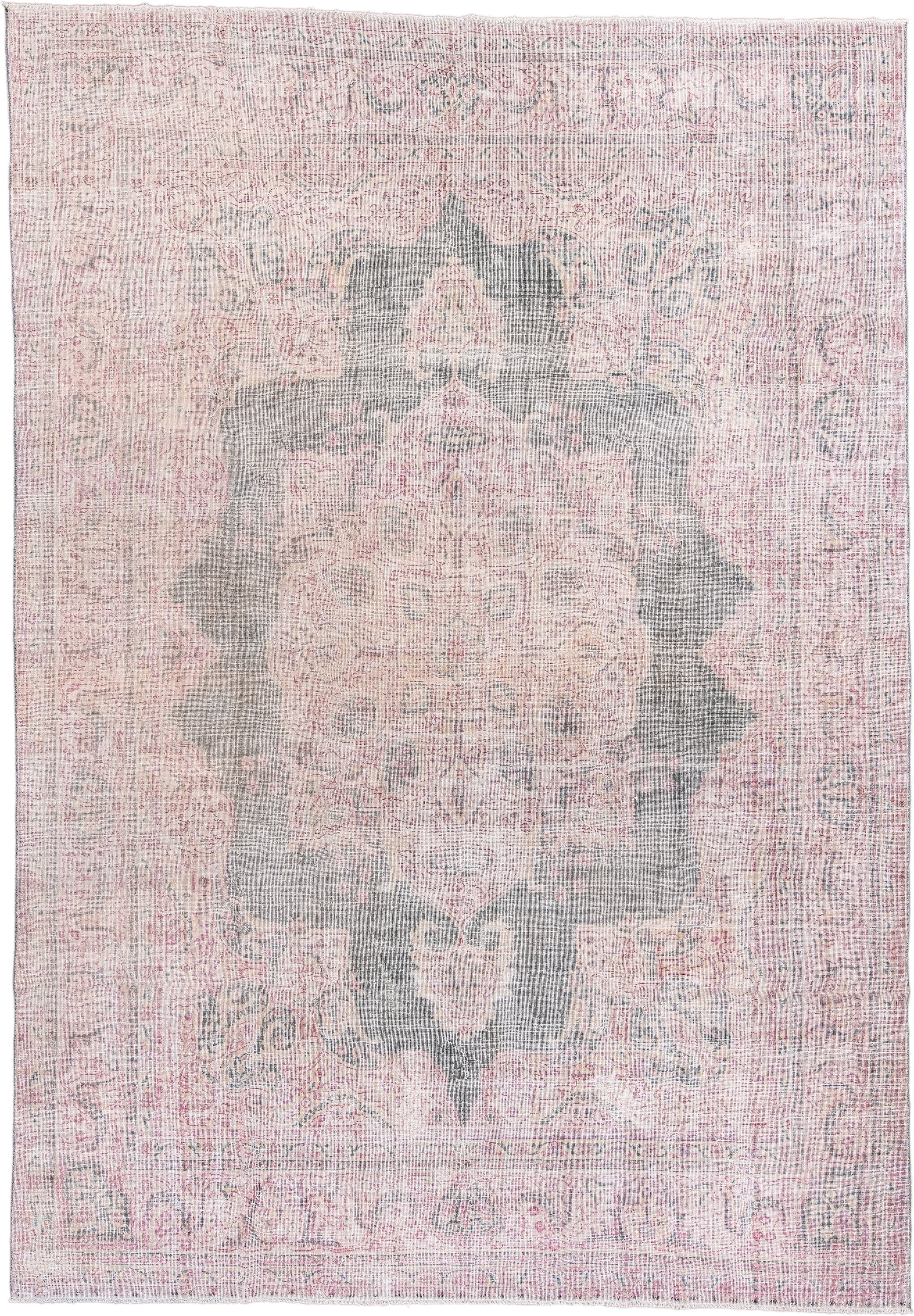 9' x 13' one-of-a-kind handmade vintage Sparta large size rug. Color palette: gray, blush, ivory, pale blue, taupe, rose