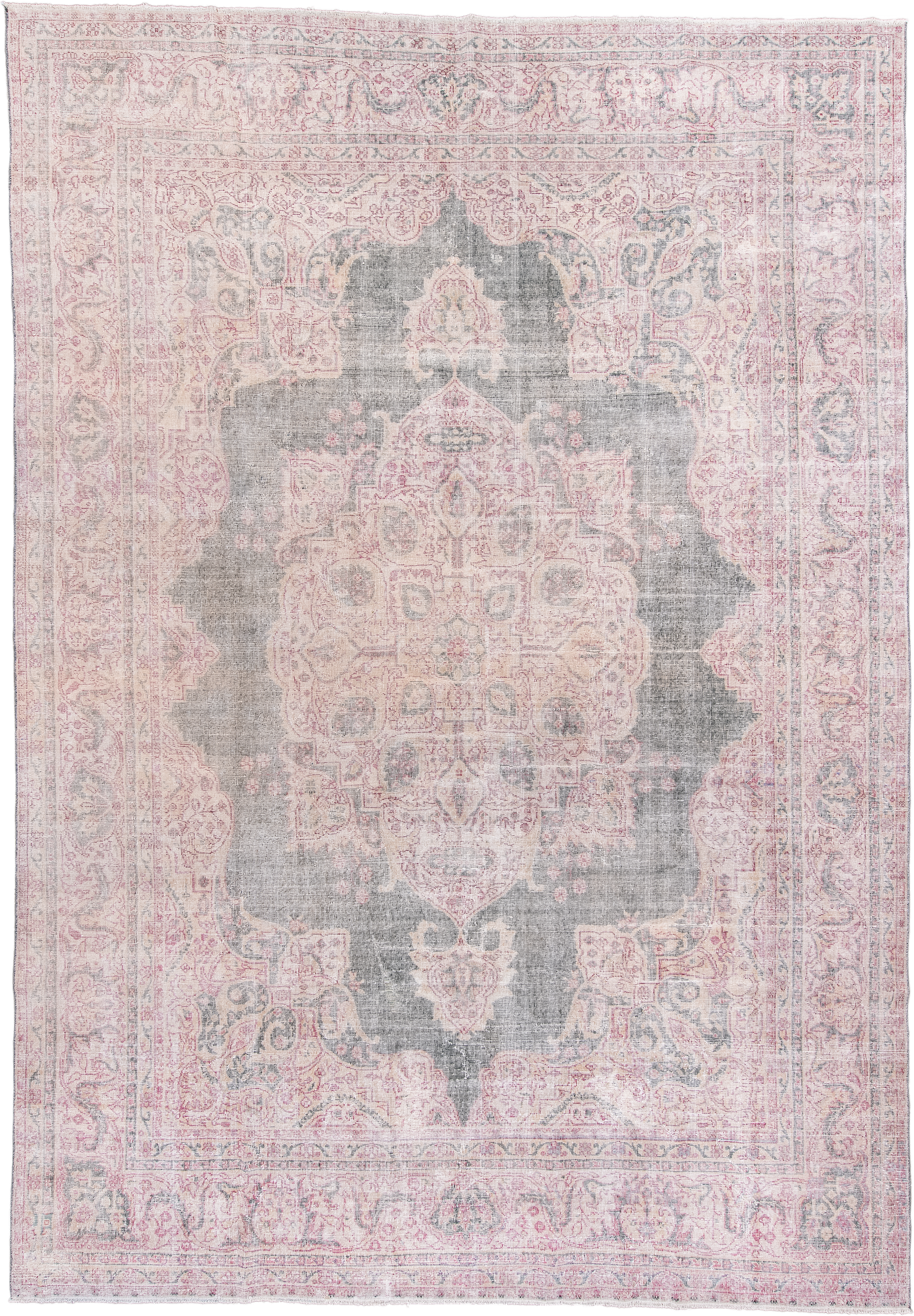 9' x 13' one-of-a-kind handmade vintage Sparta large size rug. Color palette: gray, blush, ivory, pale blue, taupe, rose
