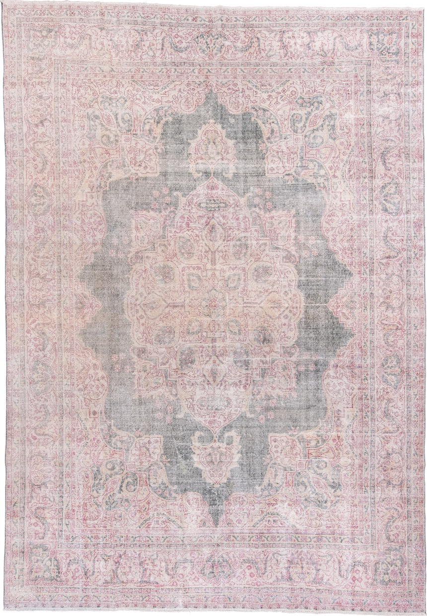 9' x 13' one-of-a-kind handmade vintage Sparta large size rug. Color palette: gray, blush, ivory, pale blue, taupe, rose