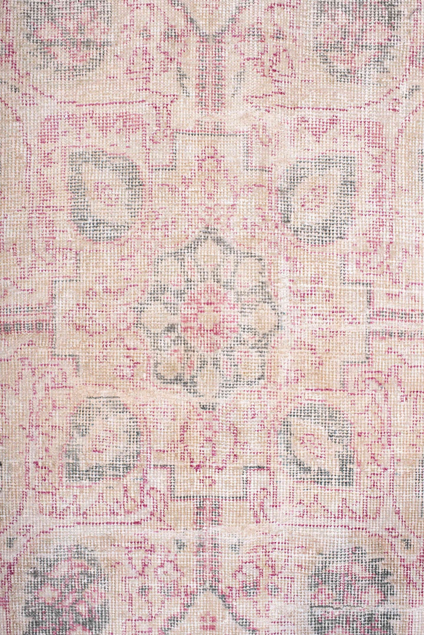 9' x 13' one-of-a-kind handmade vintage Sparta large size rug. Color palette: gray, blush, ivory, pale blue, taupe, rose