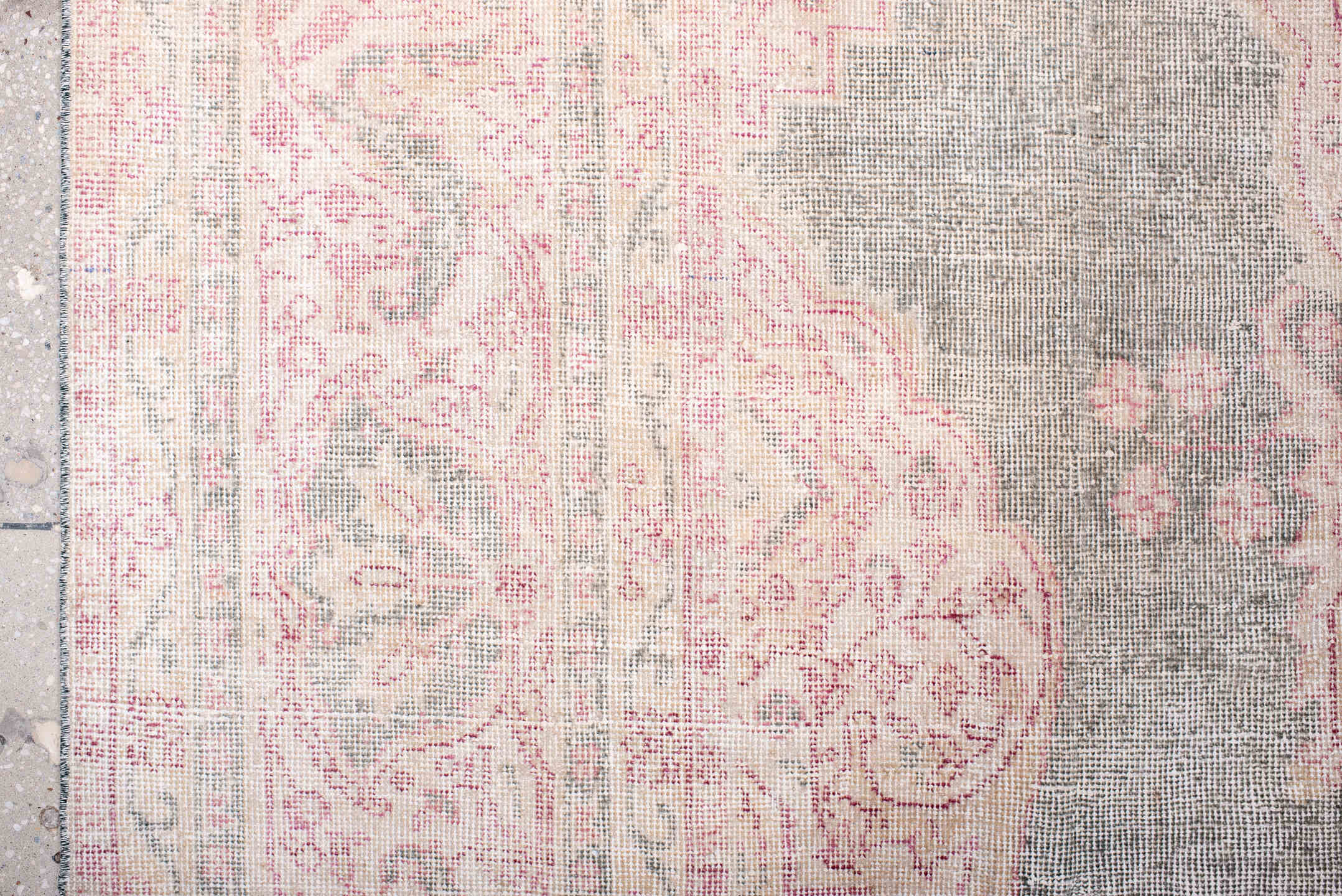 9' x 13' one-of-a-kind handmade vintage Sparta large size rug. Color palette: dark gray, gray, light gray, off-white, pink