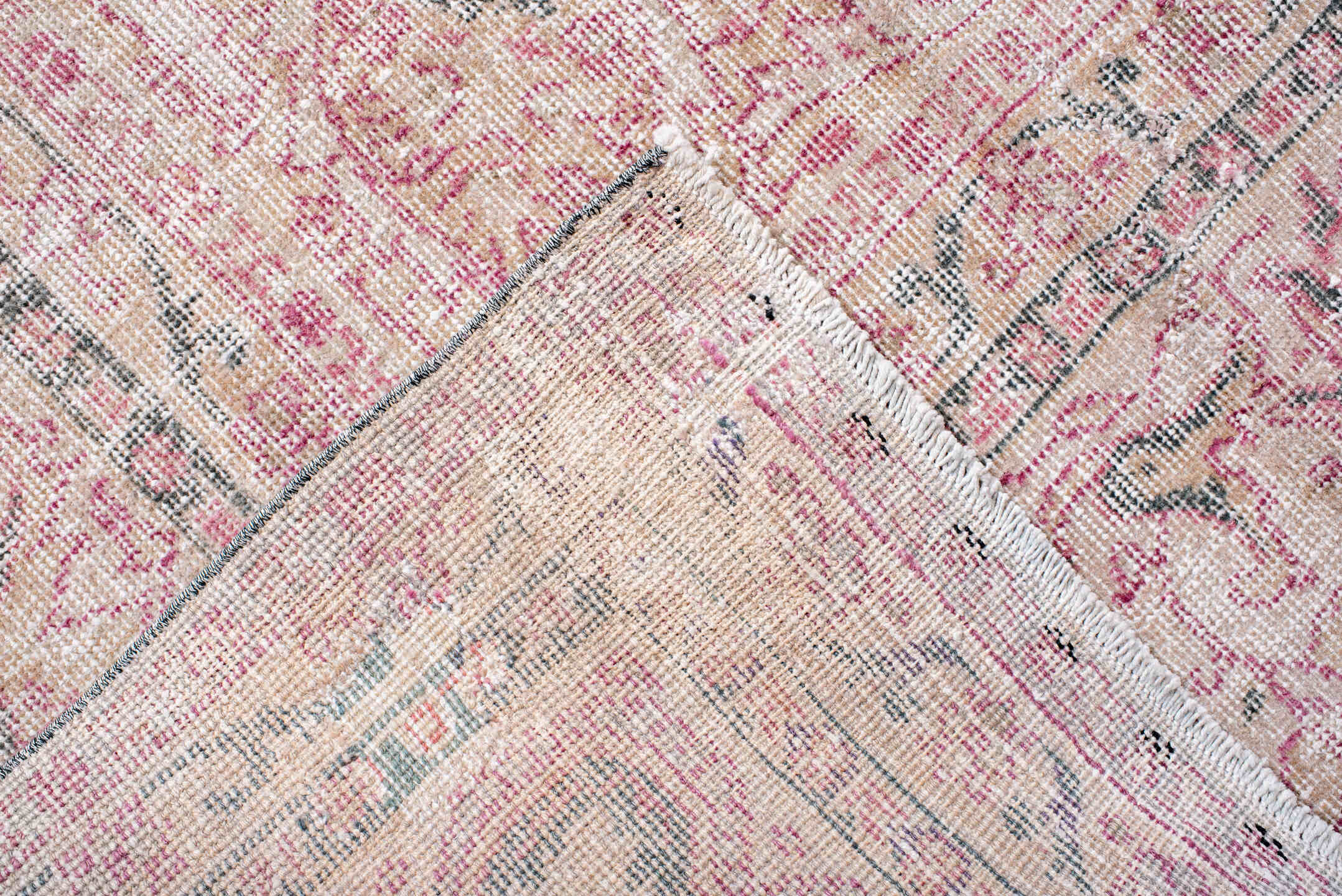 9' x 13' one-of-a-kind handmade vintage Sparta large size rug. Color palette: gray, blush, ivory, pale blue, taupe, rose