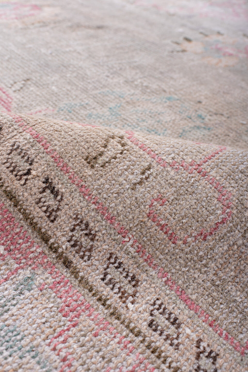8' x 11' one-of-a-kind handmade vintage Sparta large size rug. Color palette: blush, light gray, ivory, pale pink