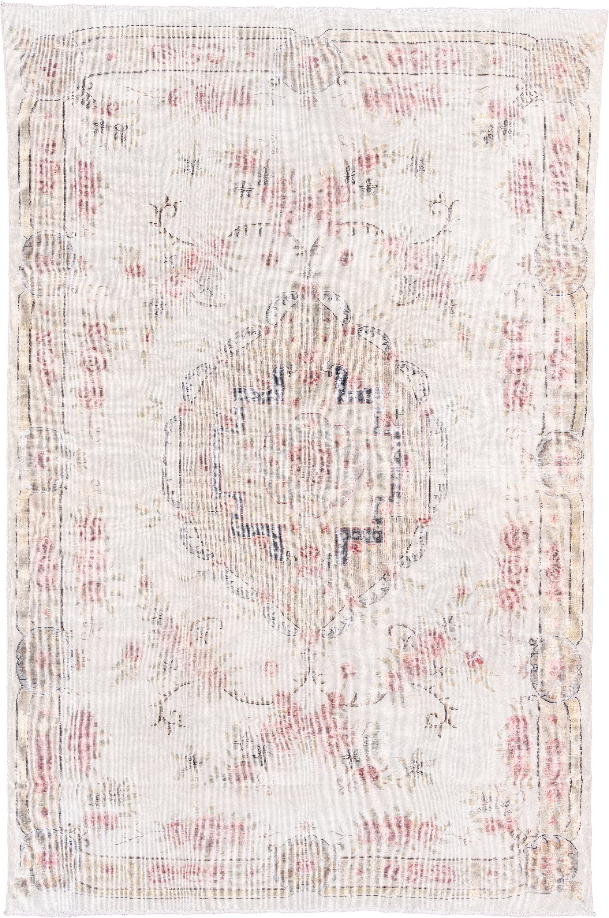 7' x 11' one-of-a-kind handmade vintage Sparta large size rug. Color palette: ivory, blush, beige, pale gray, soft blue